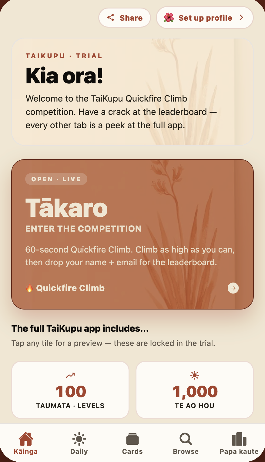 TaiKupu trial — Kāinga screen with Tākaro competition card