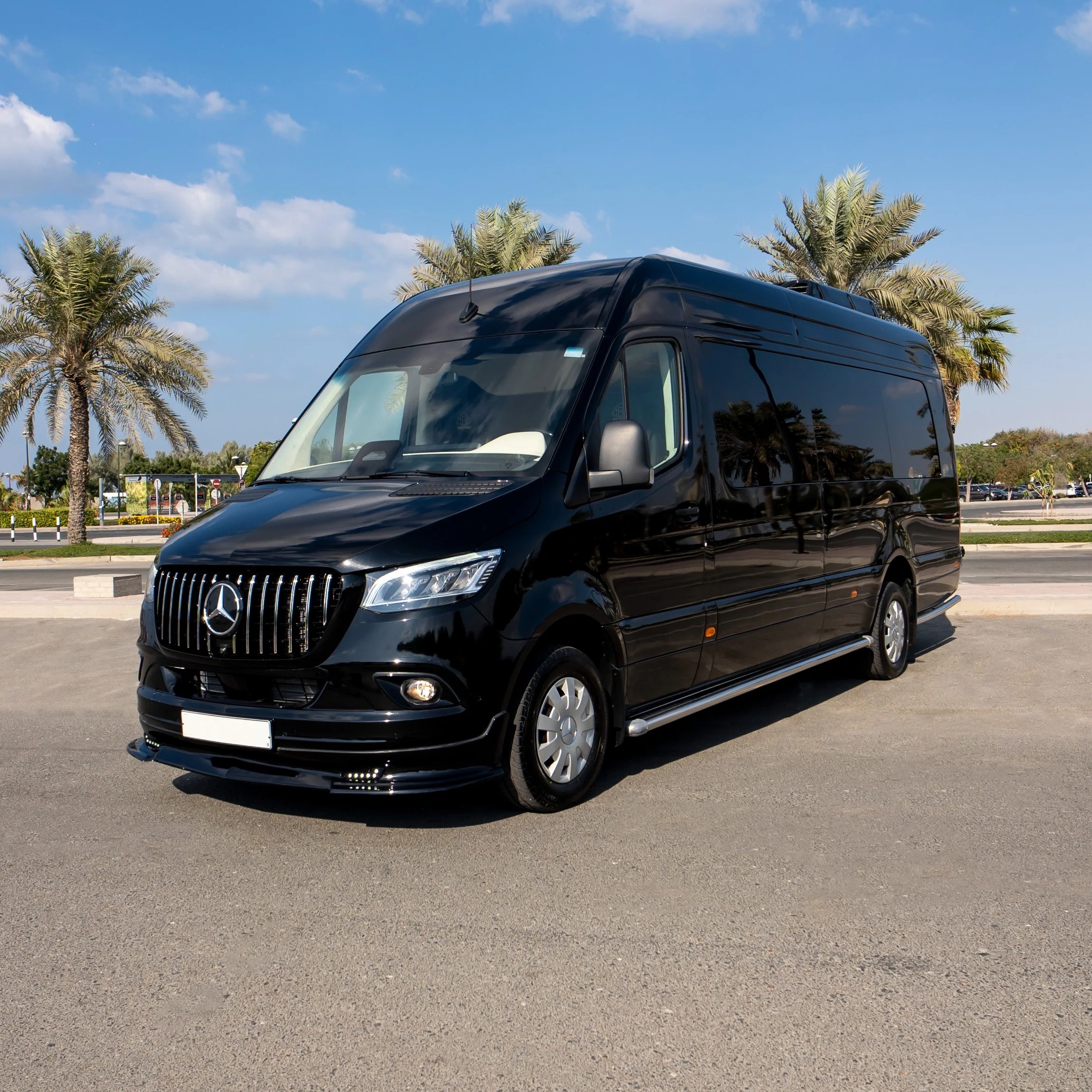 15 passenger Mercedes Sprinter van luxury black exterior