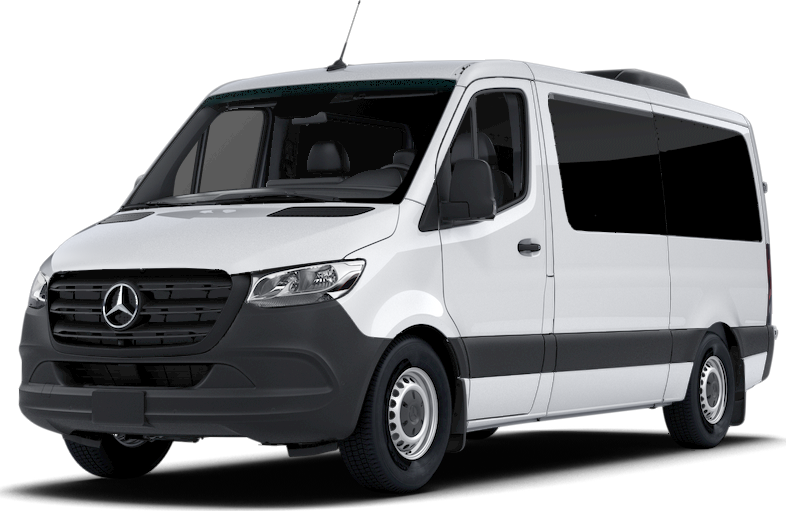 15 passenger white Mercedes Sprinter van exterior