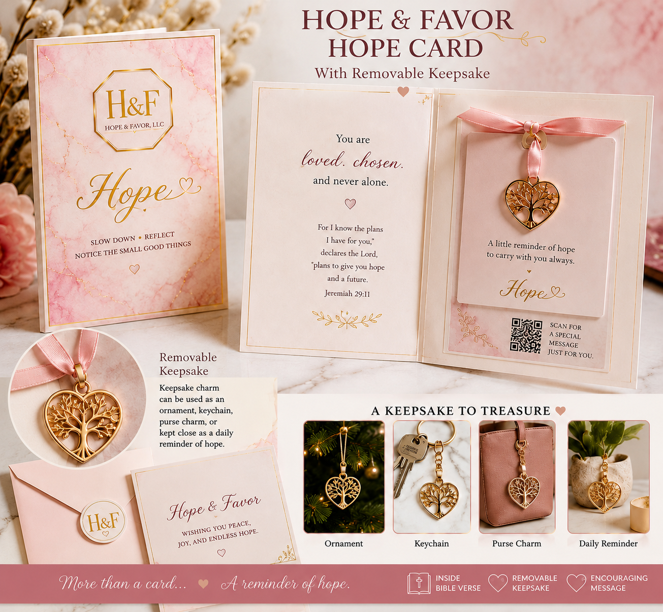 Hope & Favor Hope Card shown open with an encouraging message, Bible verse, QR code, and a removable golden tree-of-life heart keepsake charm.
