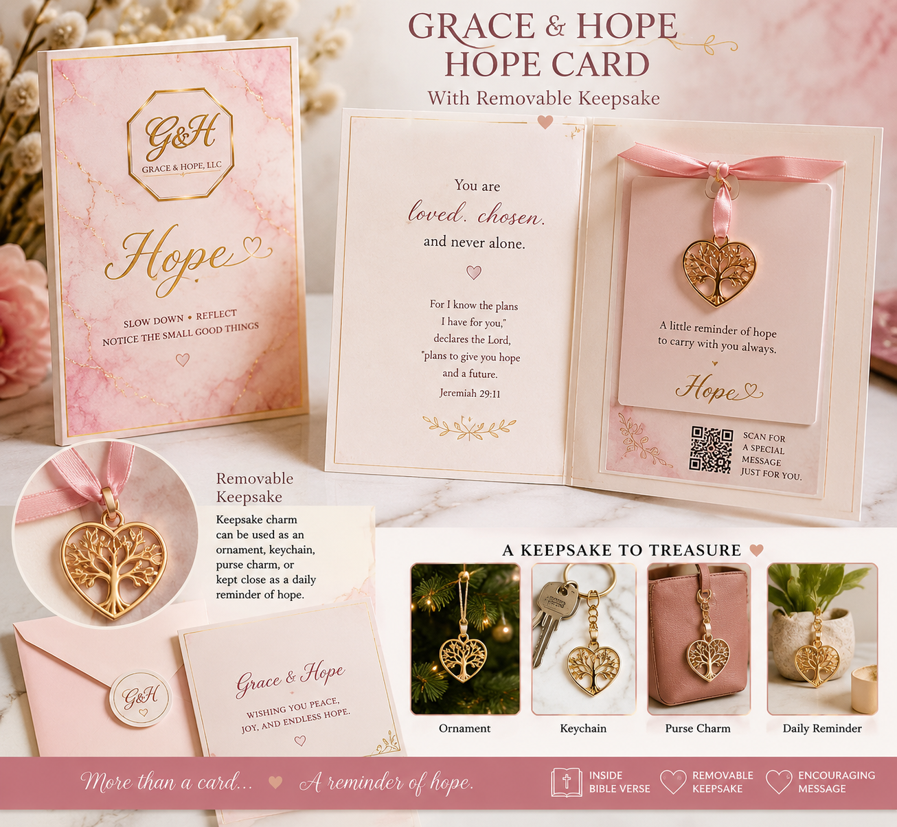 Grace & Hope Hope Card shown open with an encouraging message, Bible verse, QR code, and a removable golden tree-of-life heart keepsake charm — usable as an ornament, keychain, purse charm, or daily reminder.