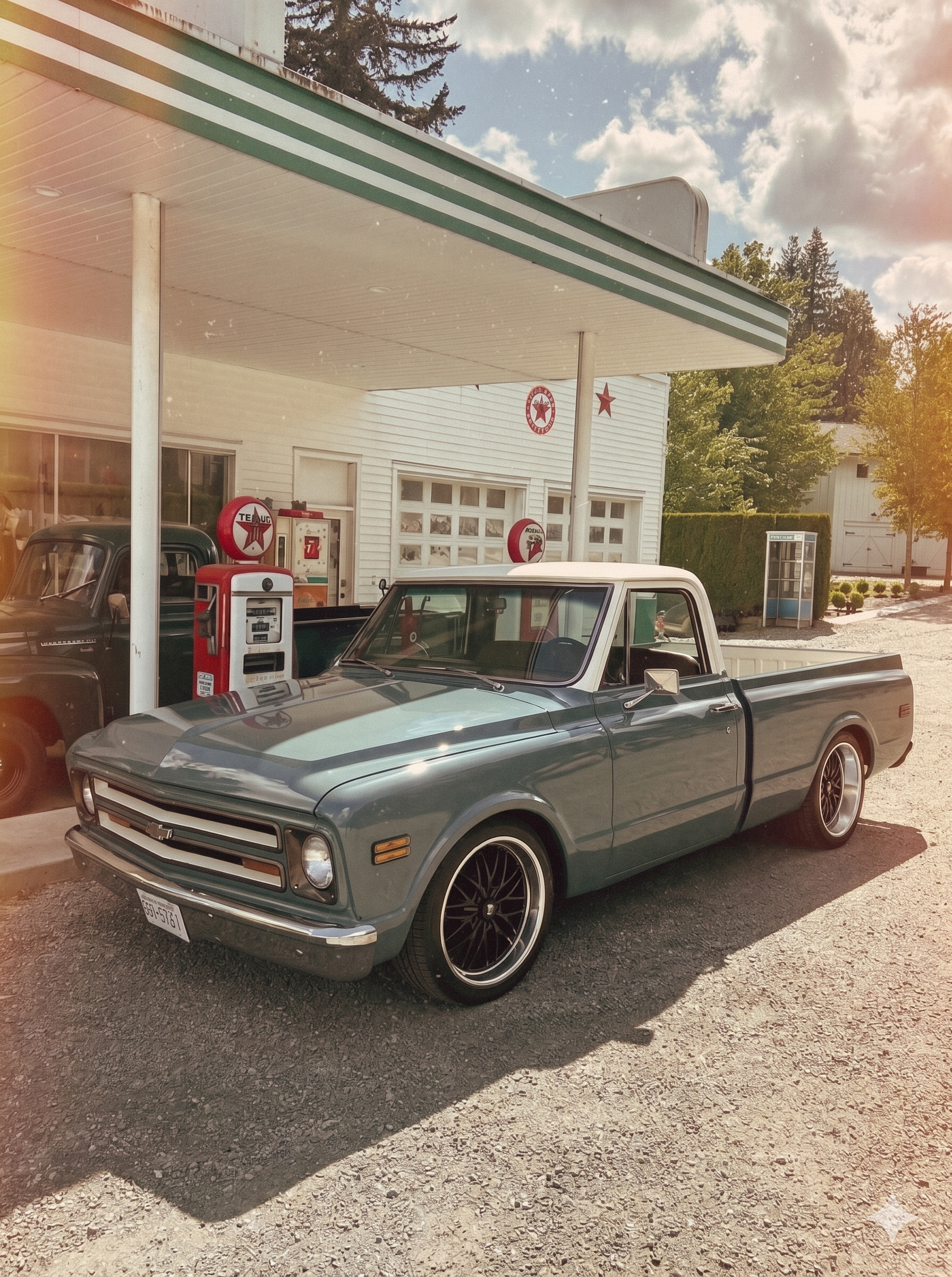 Vintage gas station with a classic Chevy C10 — honoring the Martens Motor Service legacy