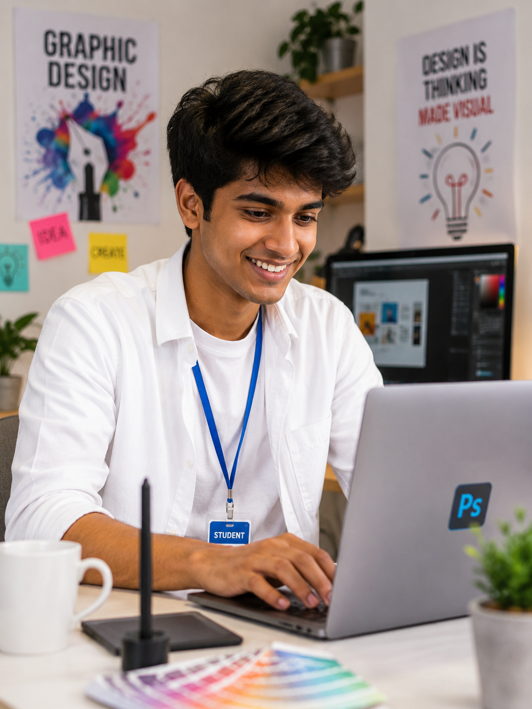 Indian student learning graphic design with Photoshop at IElevate