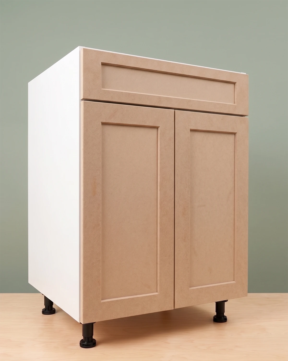 1 Drawer + 2 Doors Base Cabinet — custom IKEA Sektion configuration with one upper drawer and two doors below, ready to paint MDF fronts
