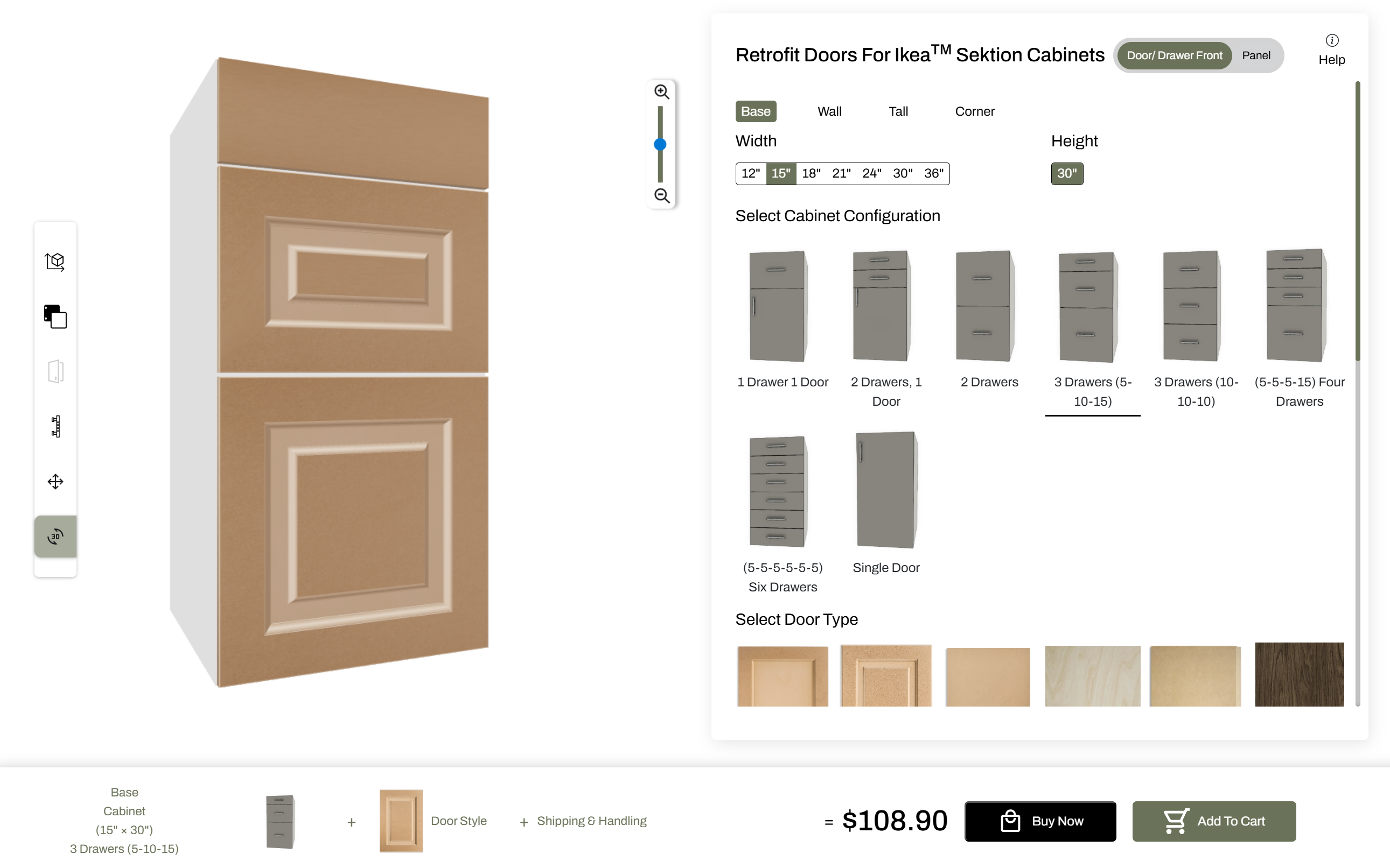 Retrofit Doors For IKEA — interactive 3D visual builder showing live cabinet preview, configuration options and door style selector