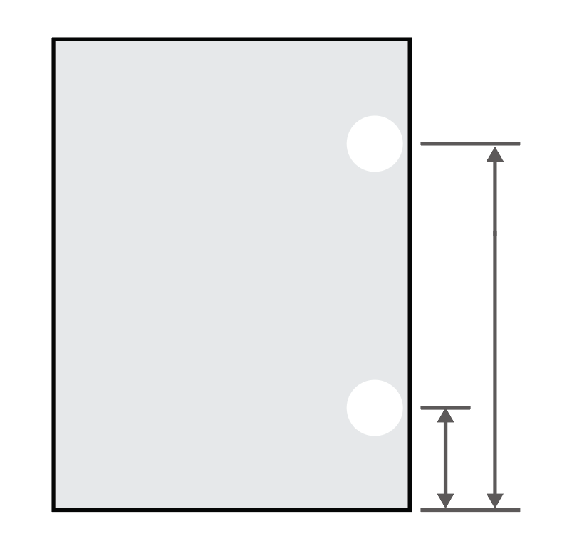 Cabinet door diagram showing two hinge cup holes and dimension arrows measuring from the top of the door to each hinge centerline