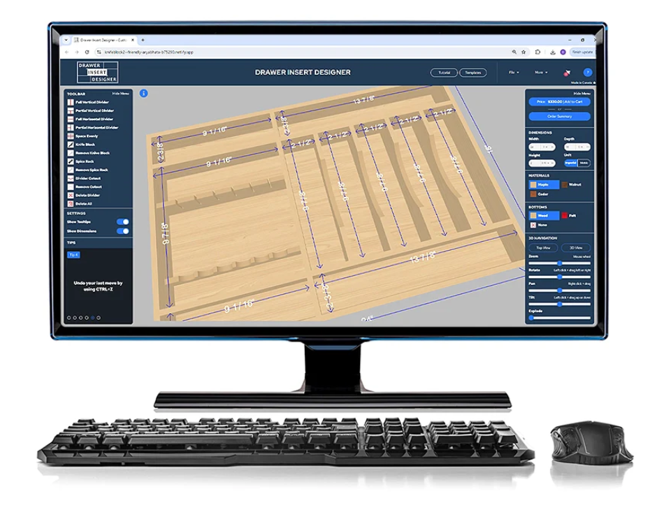 Drawer Insert Designer — 3D web app showing a maple drawer organizer with dividers and dimensions