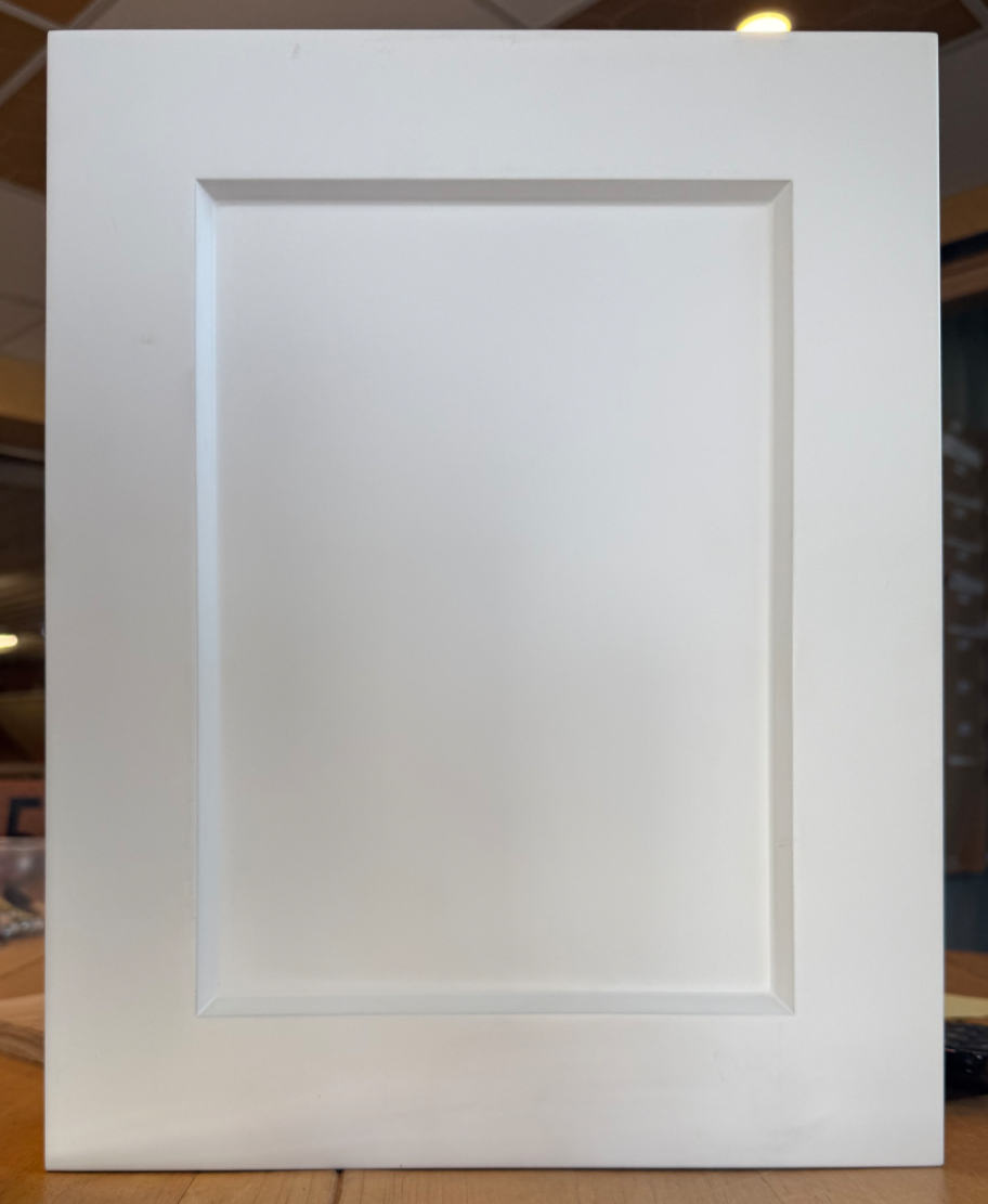 MDF Shaker cabinet door finished with two coats of factory-applied Lorchem primer, sanded smooth on all sides