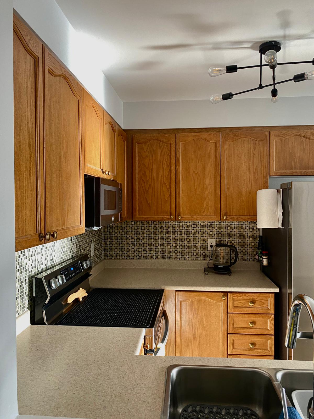 Before refinish — Cathedral oak → white shaker, black hardware