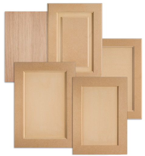 A fanned arrangement of paint-ready MDF cabinet doors — Shaker, Slim Shaker, Raised Panel, Flat Panel — and a Rift-Cut White Oak wood veneer slab. Made in our Warsaw, Ontario workshop.
