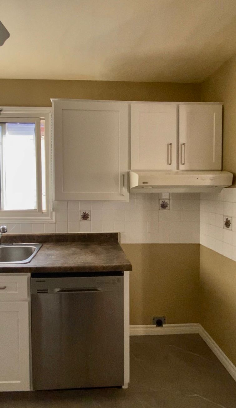 After refinish — Honey oak → white shaker, brushed nickel pulls