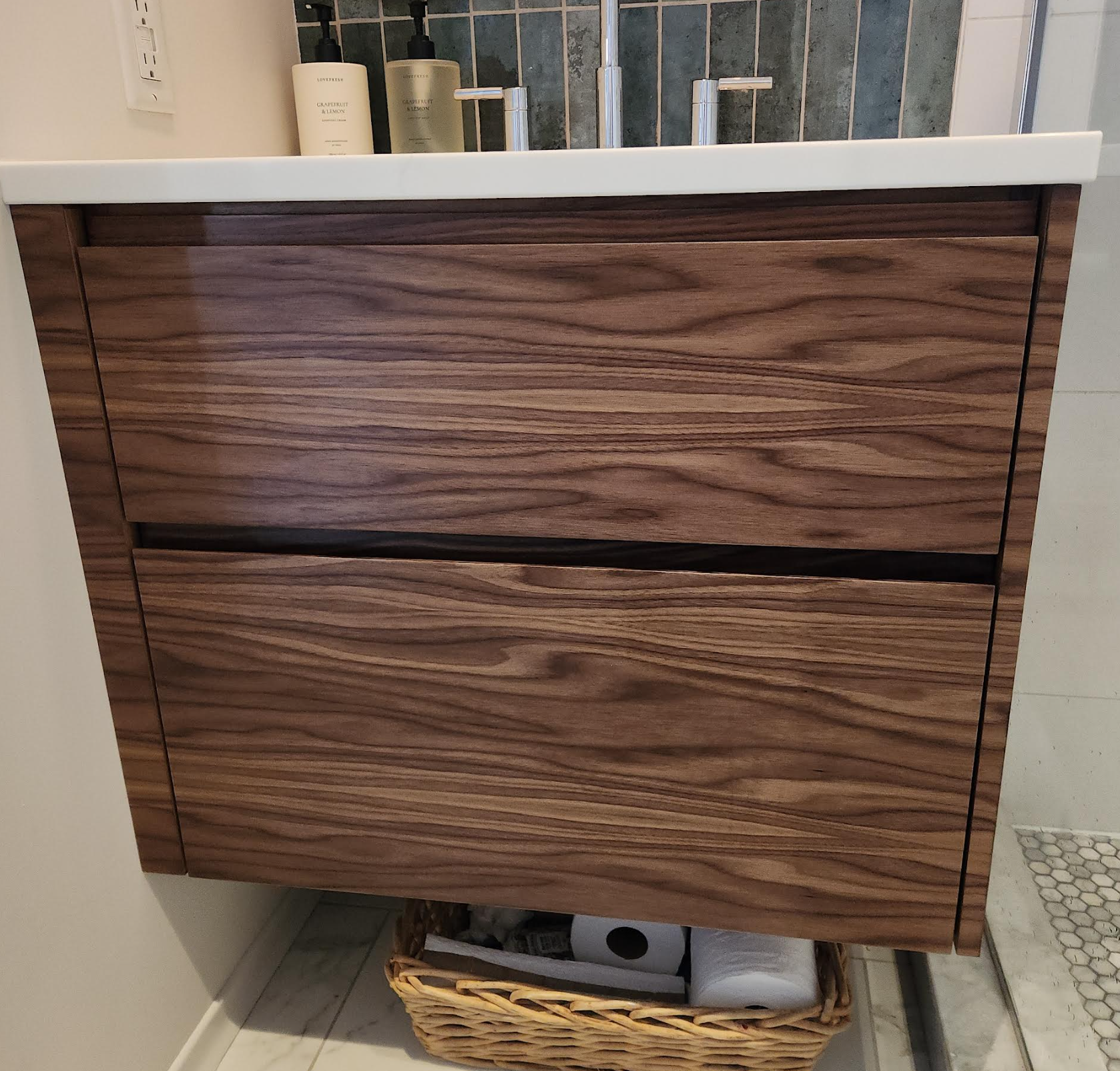 Premium Veneer walnut vanity drawer fronts — integrated handle profile