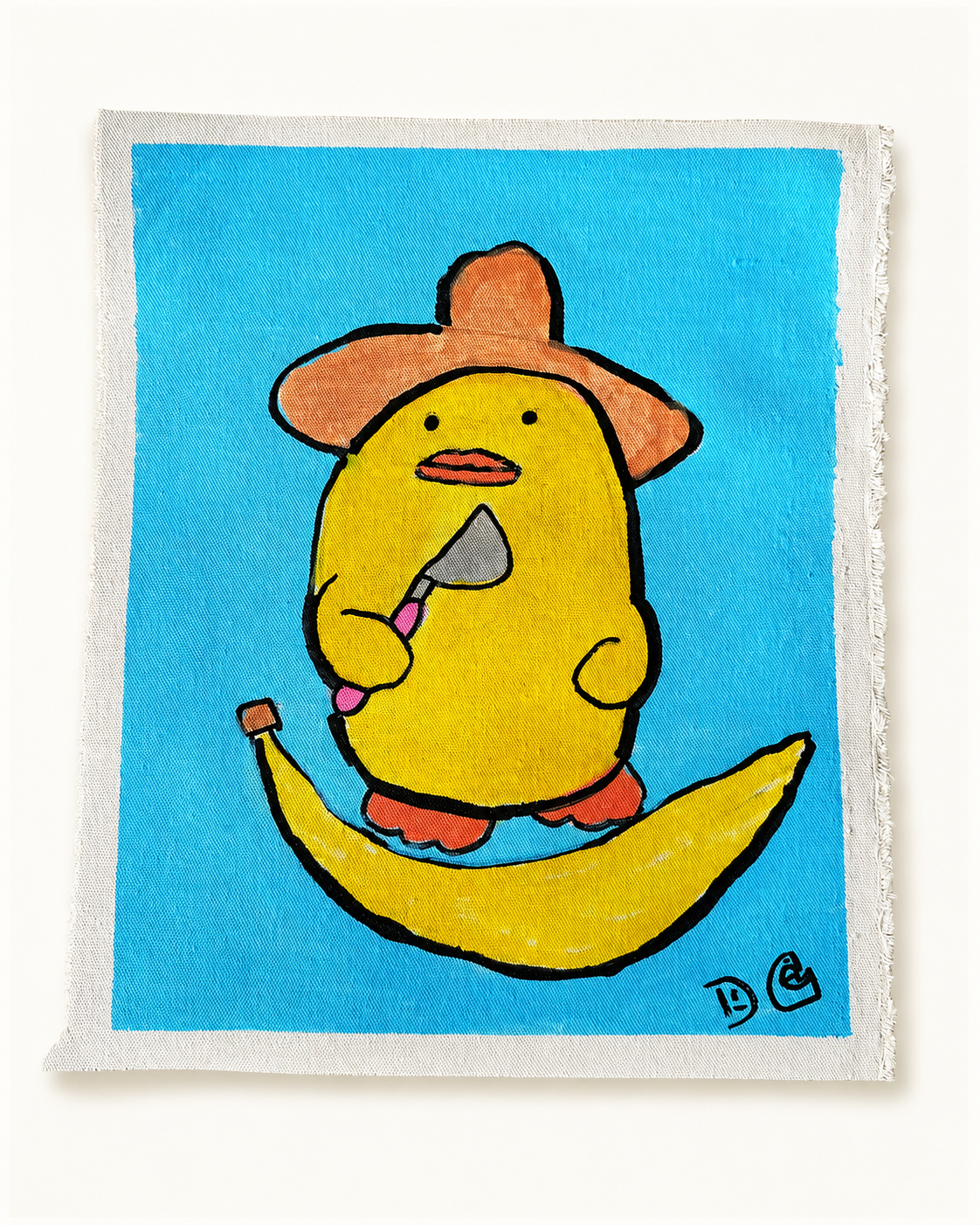 Hat on Blue — Acrylic & ink on raw linen by Daniel Cordoba, GUZZI ART