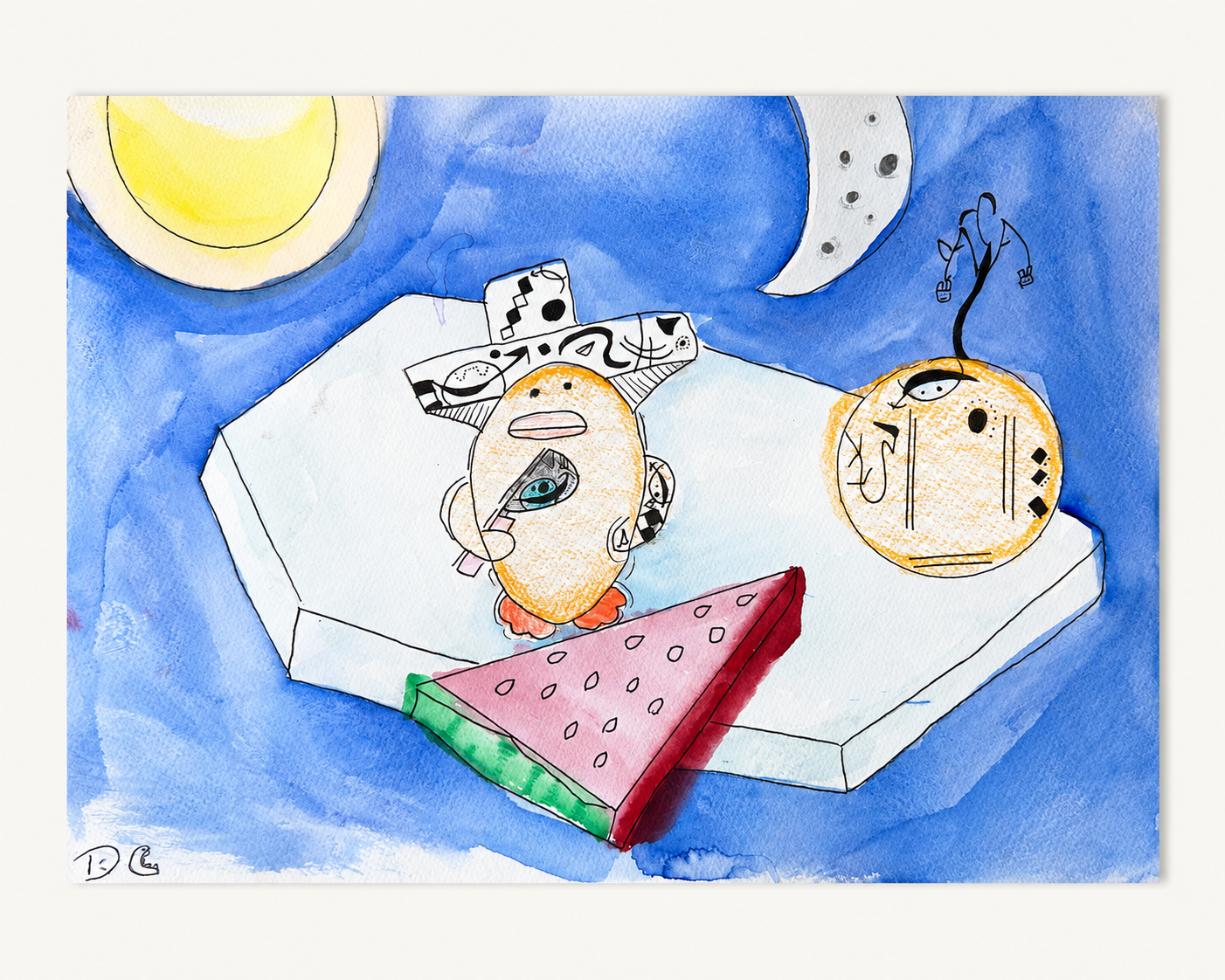 Sun, Moon & Melon — Watercolour & ink on paper by Daniel Cordoba, GUZZI ART