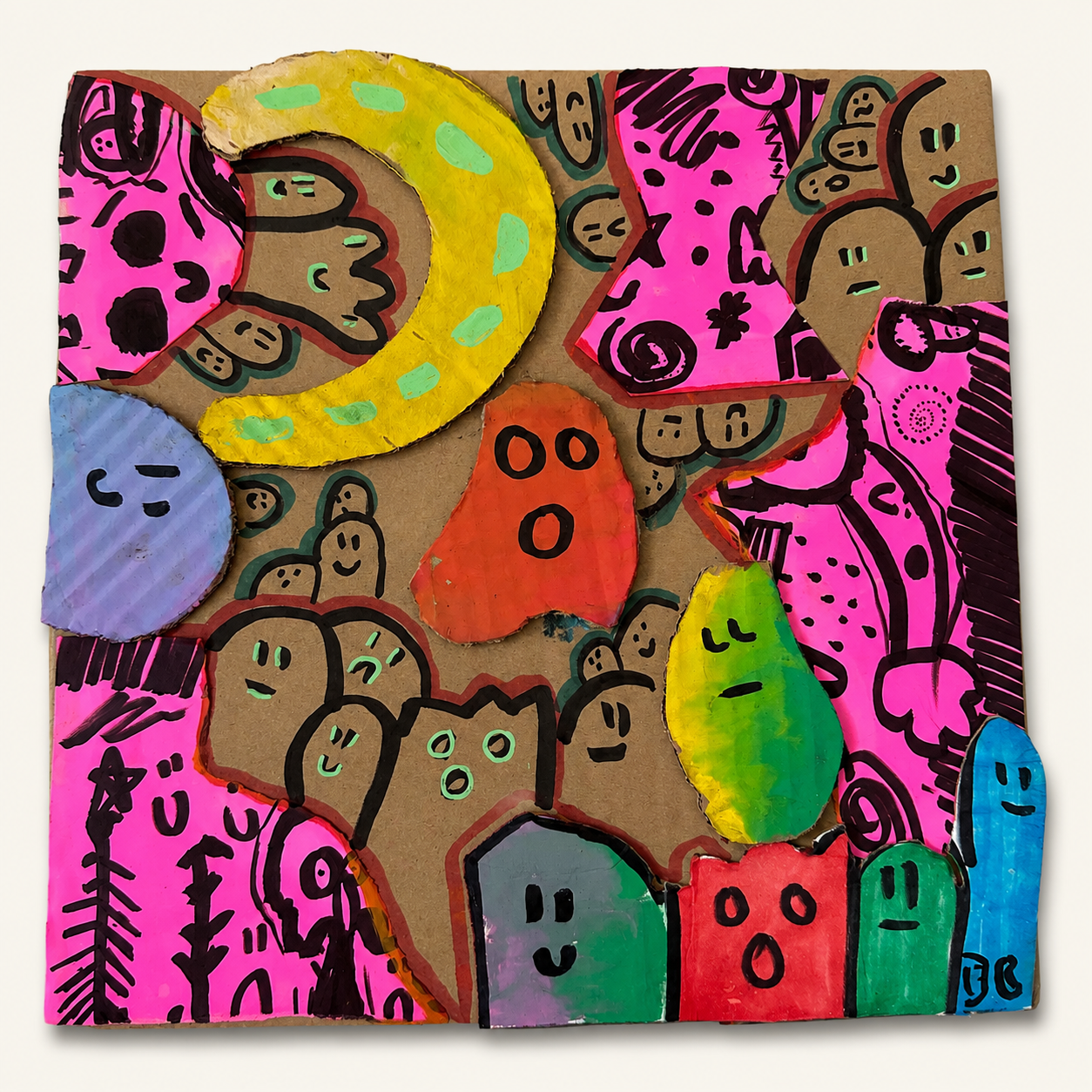 Pink Frequencies — Neon acrylic, marker & cut cardboard by Daniel Cordoba, GUZZI ART
