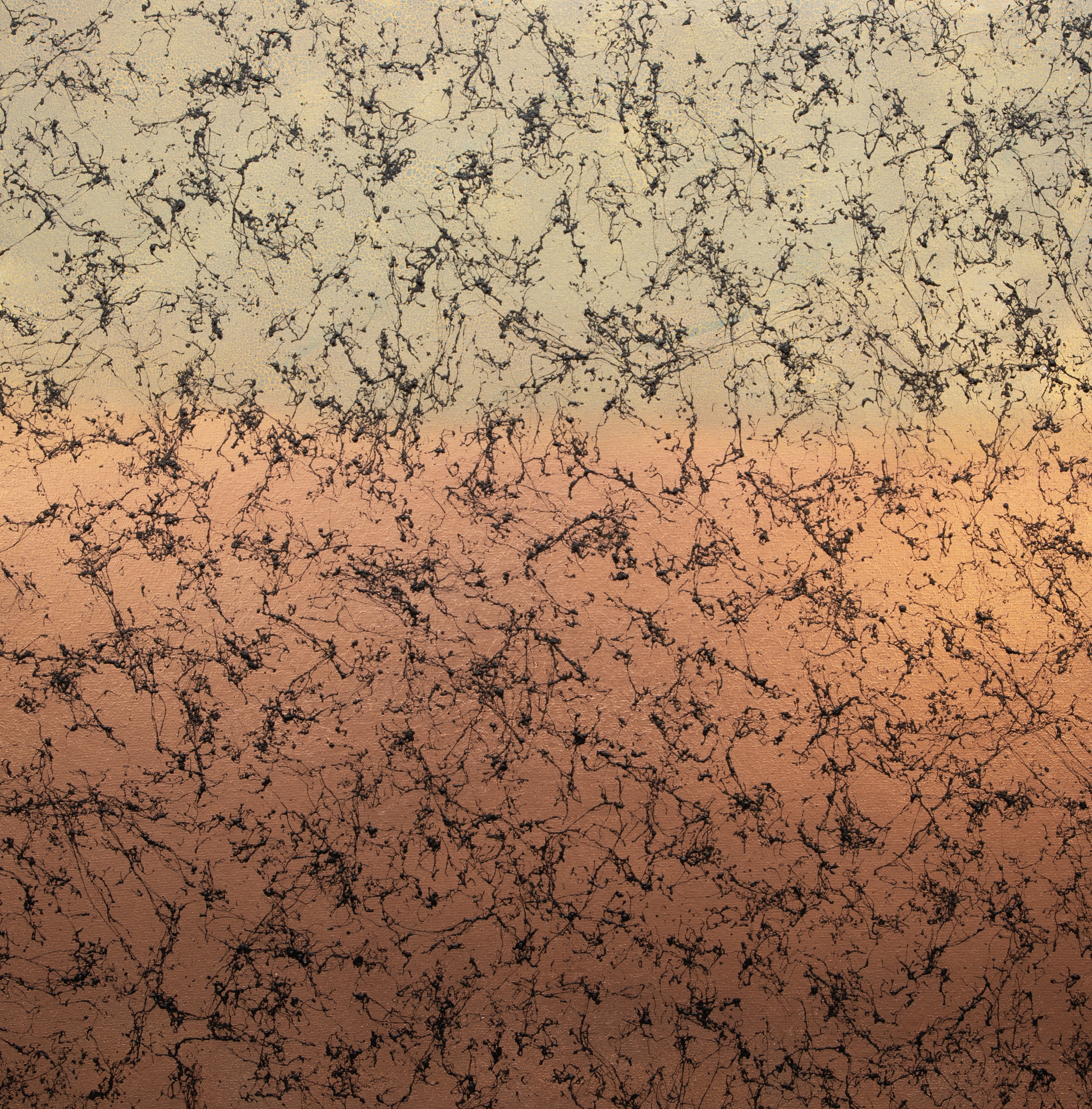 What Was Left Behind, 2025 — a gold-to-copper gradient threaded with a dark capillary network of drip; a surface still holding the trail.