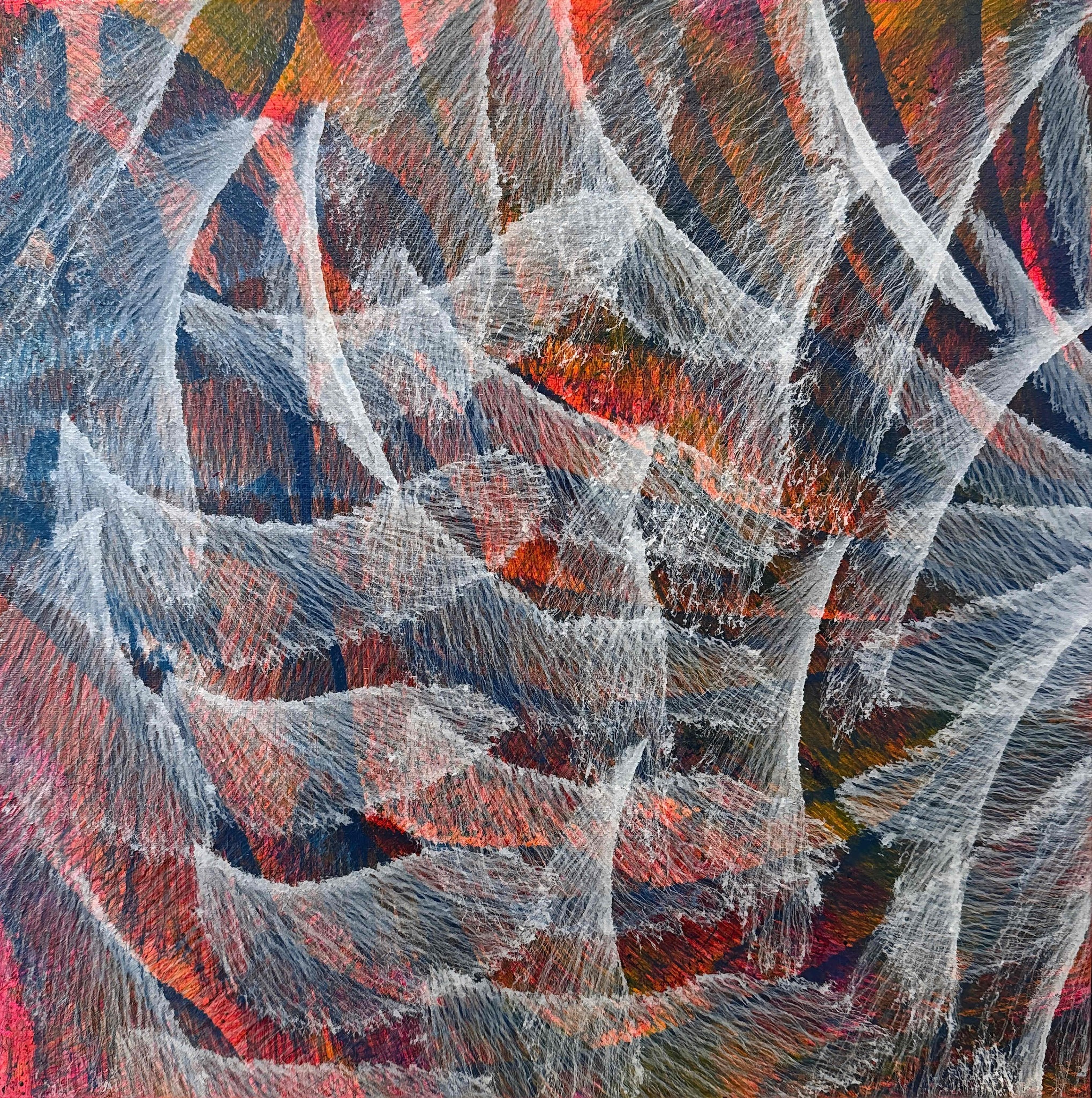The Last Dance of the Leaves, 2025 — translucent forms drifting across a layered ground of reds, blues and umbers; leaves in descent.