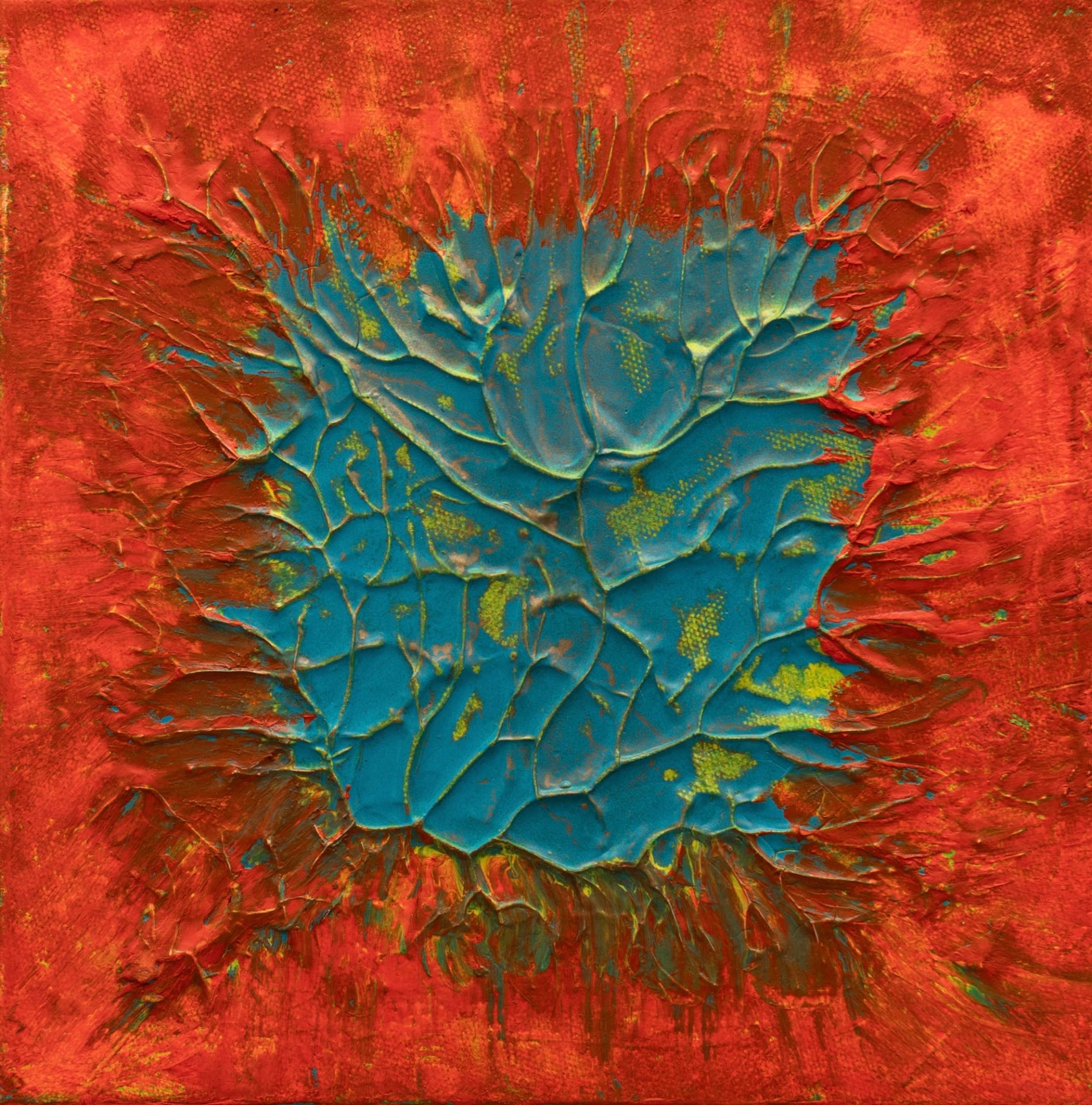 Roots of Transformation, 2025 — a teal bloom emerging from a red field, the cracked medium catching gold-green at the seams.