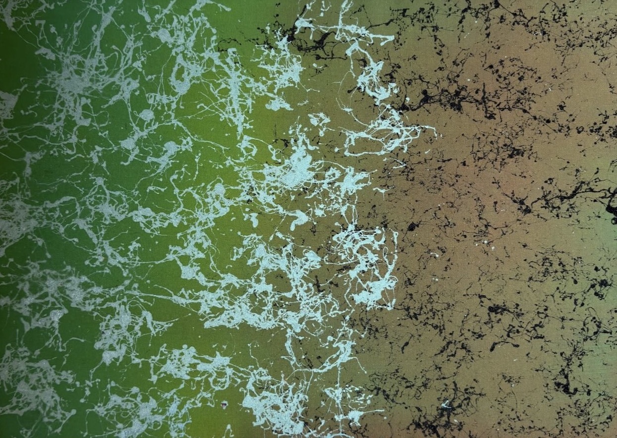 Passage Through, 2025 — green-cream wash dispersed with white splatter, the surface caught mid-crossing.