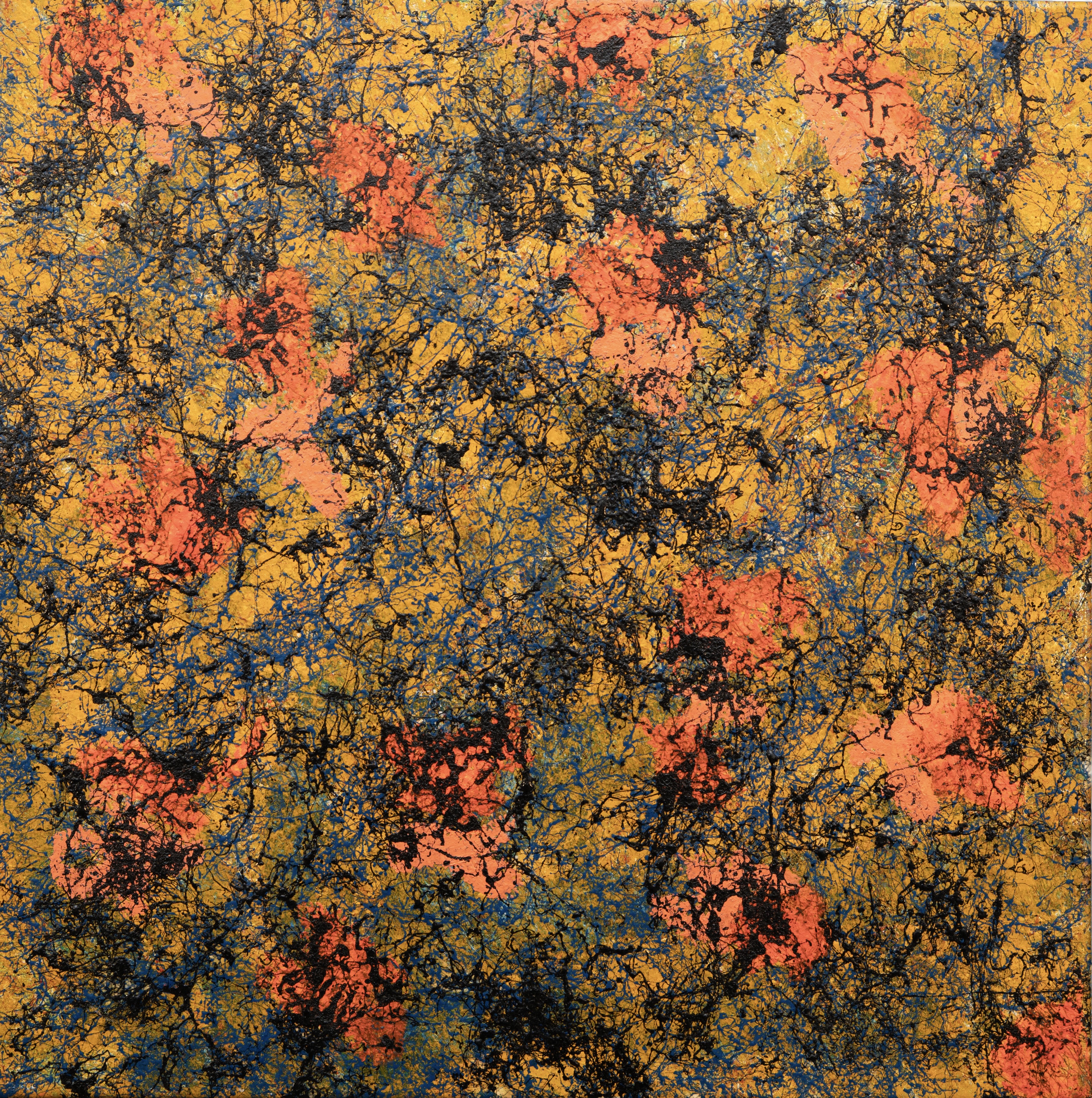 Bloom Against the Noise, 2025 — drip splatters of red, ink and saffron over a cream linen ground.