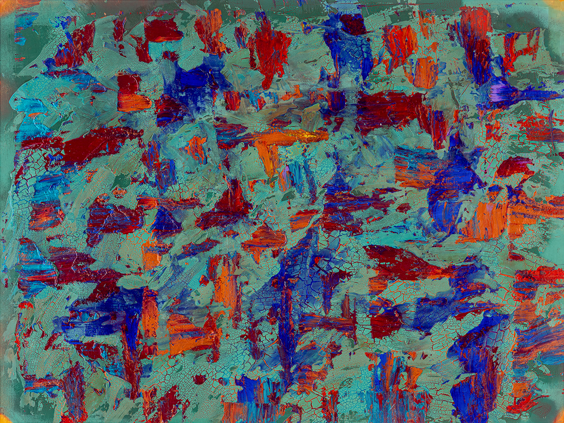 The Skin Stops Lying, 2026 — teal and red impasto opening like a wound that's stopped pretending.