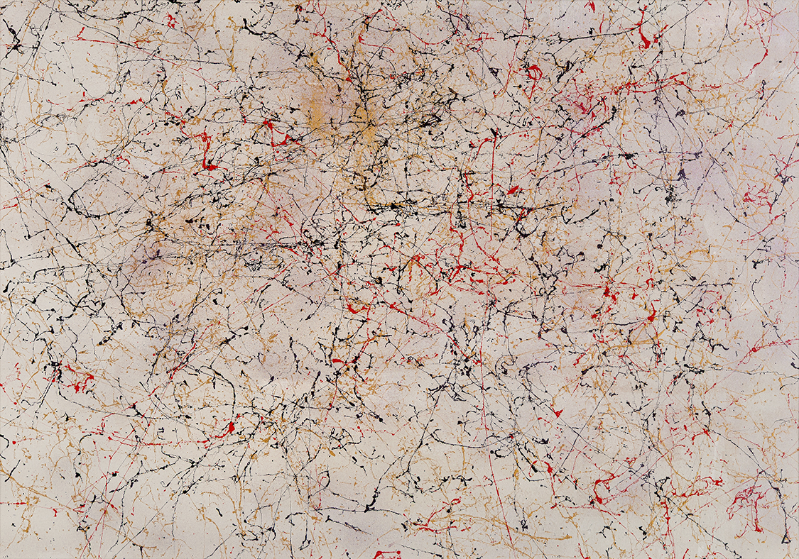 Untitled 010, 2021 — ink with a single crimson lacquer mark.