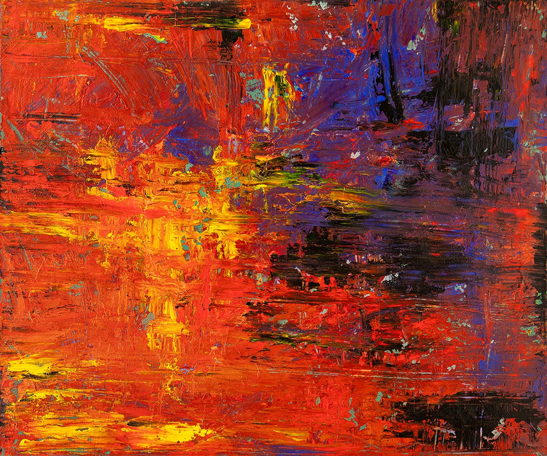 Sunset Doesn't Owe You Quiet, 2026 — a refusal of the postcard sunset: loud red strikes scraped across a dark ground.