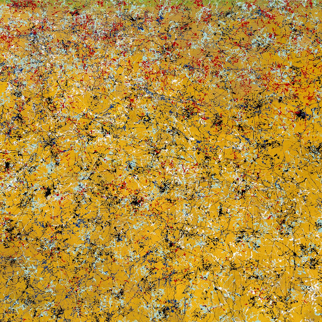 Untitled 005, 2022 — drip lacquer across a saffron field.