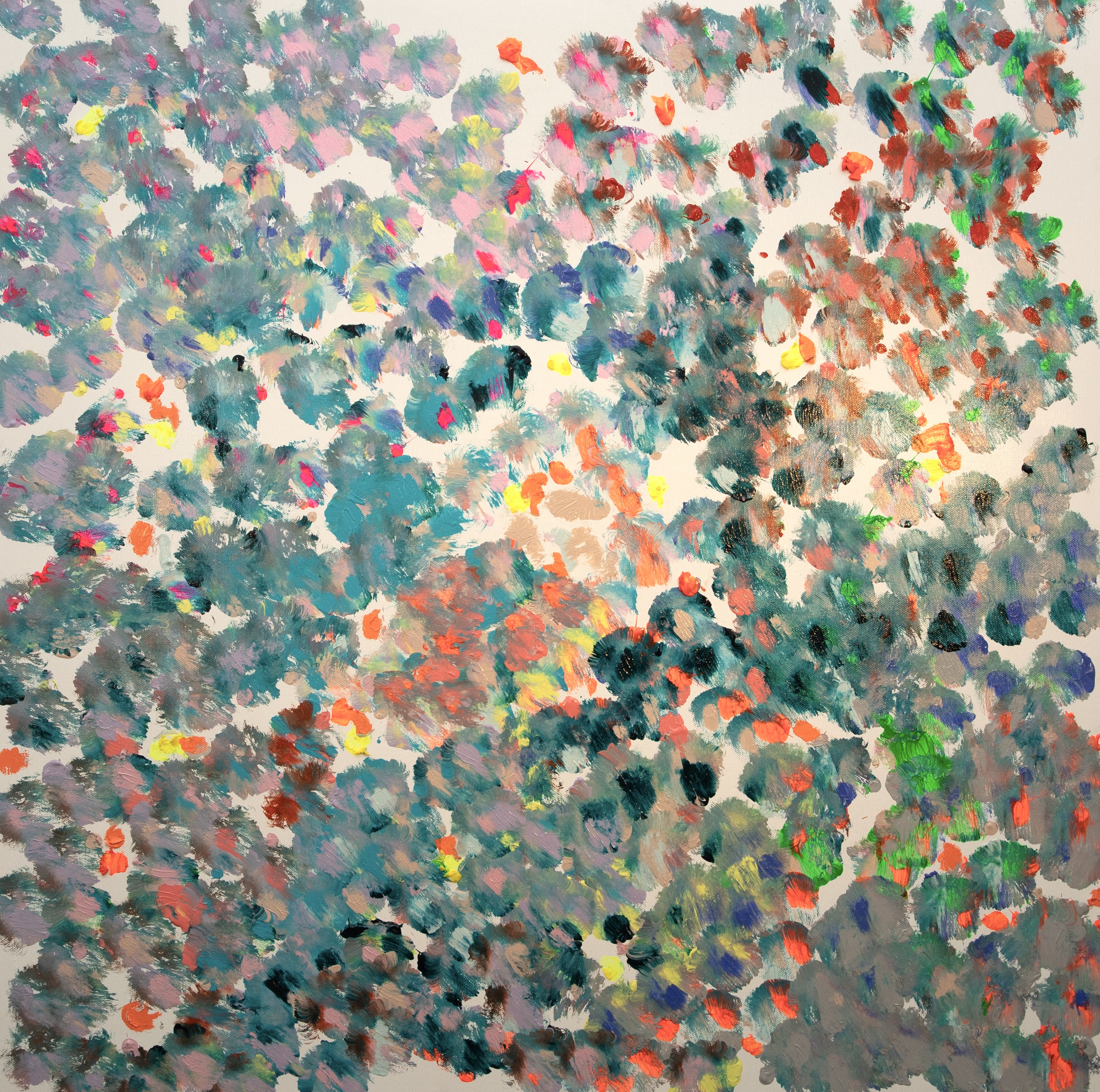 When We Were Many, 2025 — a cloud of teal, orange and pink dabs scattered across a cream canvas; the room after the centre is gone.