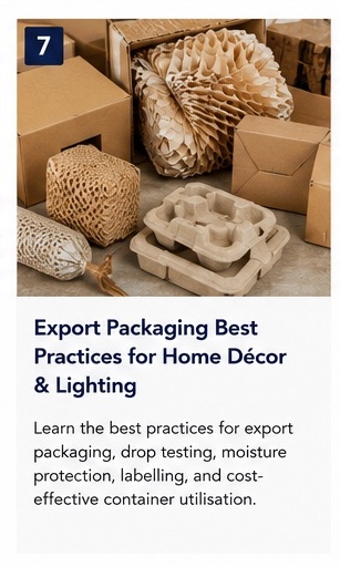 Export packaging — honeycomb cardboard, moulded pulp, corrugated boxes for home décor shipments from India