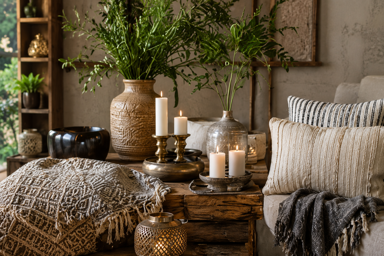 Rustic Indian home décor styling — brass candle holders, textured pottery vases, woven textiles