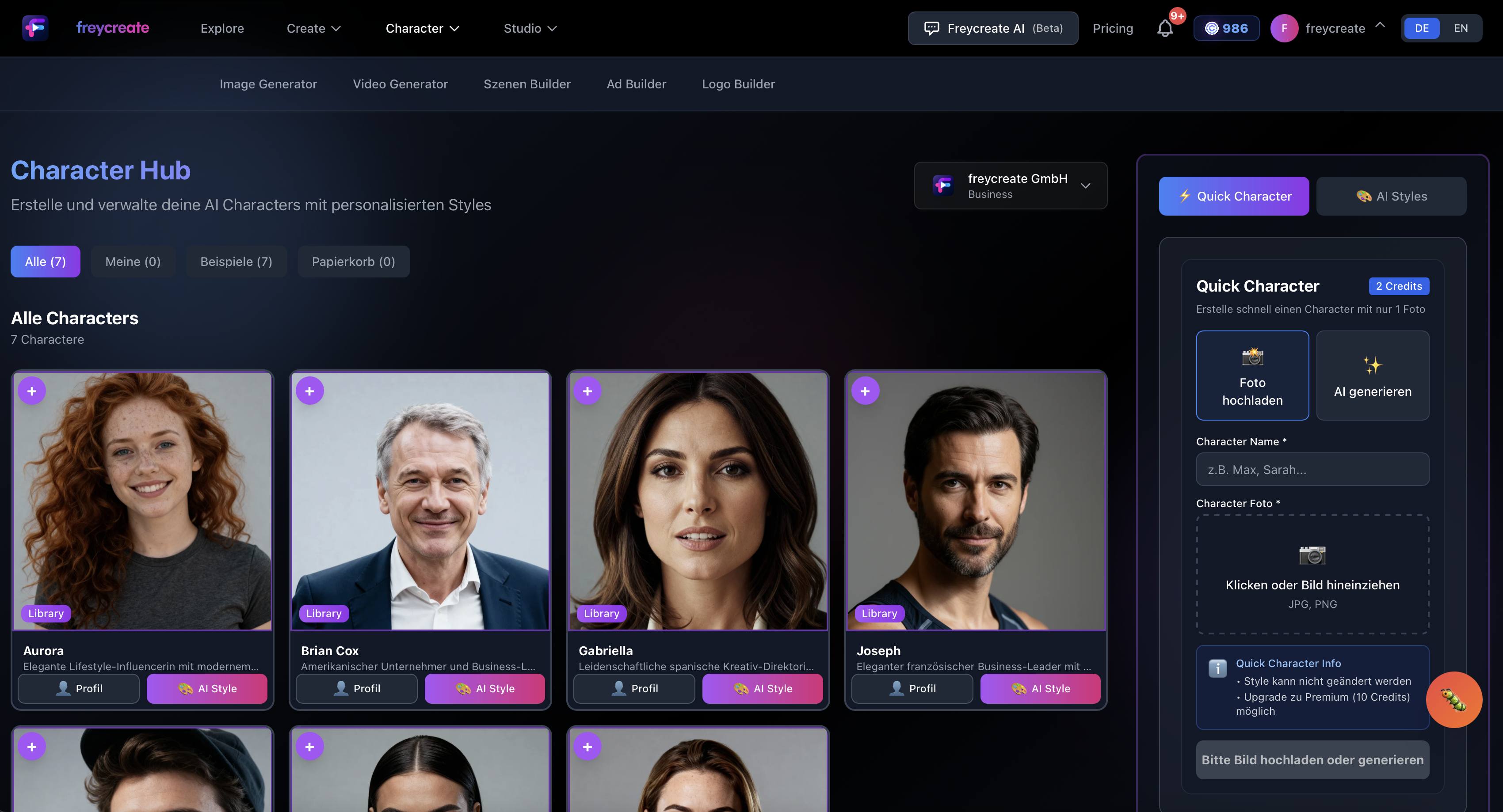 Freycreate.ai Character Hub