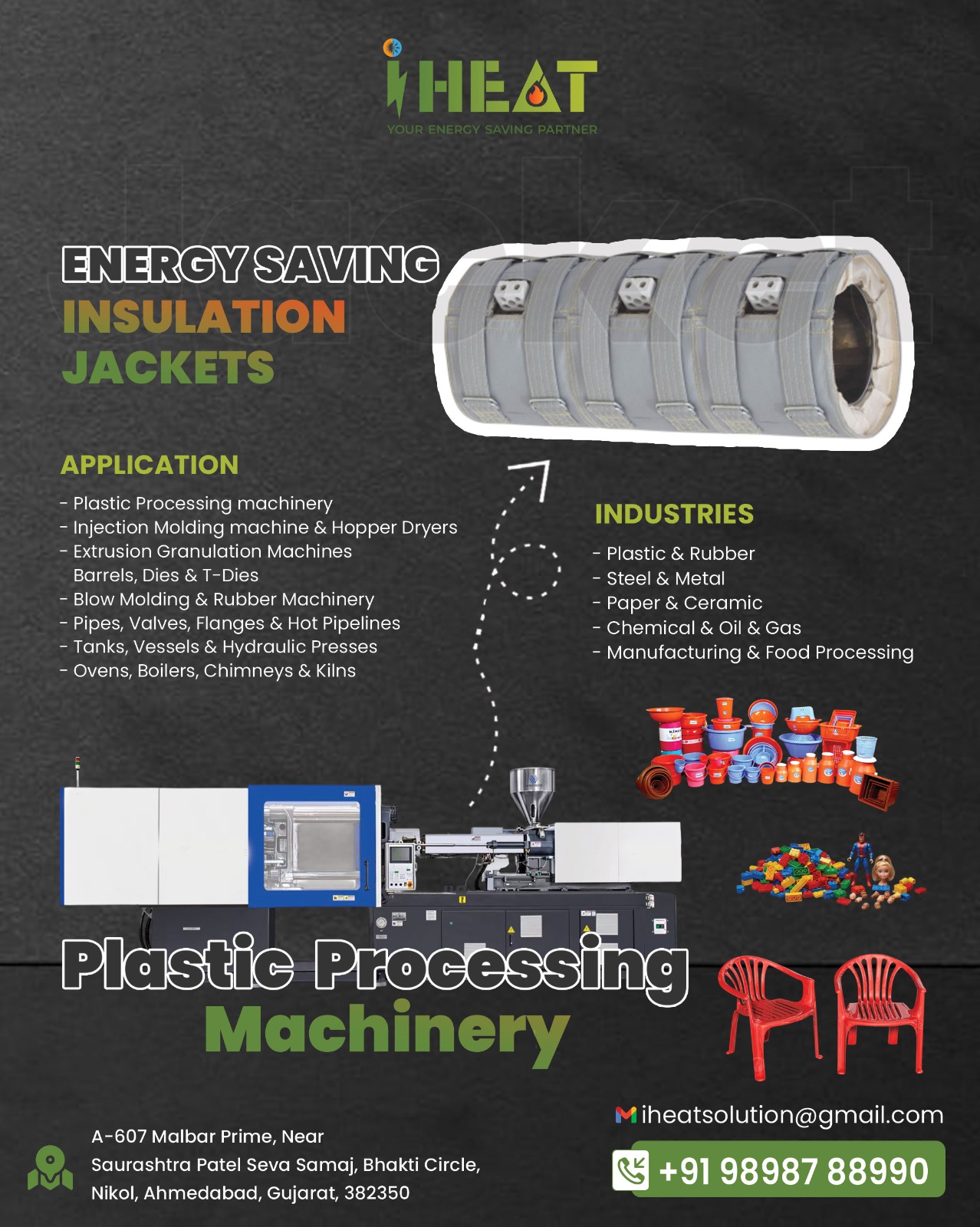 i-Wrap insulation jackets for plastic processing machinery — injection molding, extrusion, blow molding, granulators, hot pipelines, ovens and boilers