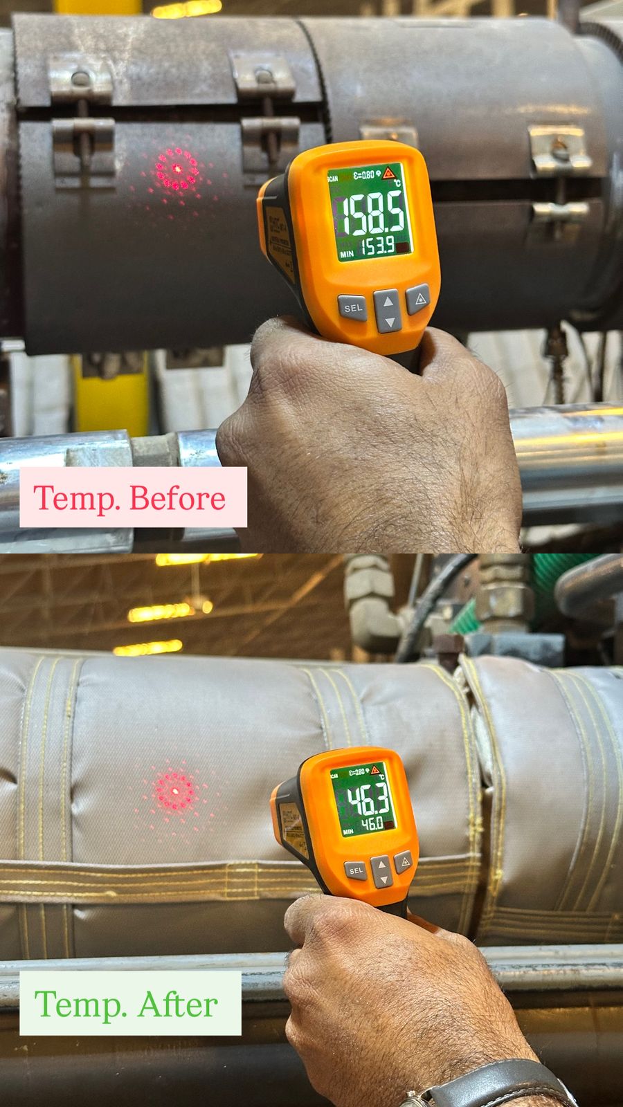 Surface temperature comparison showing 158.5°C before and 46.3°C after i-Wrap insulation jacket installation