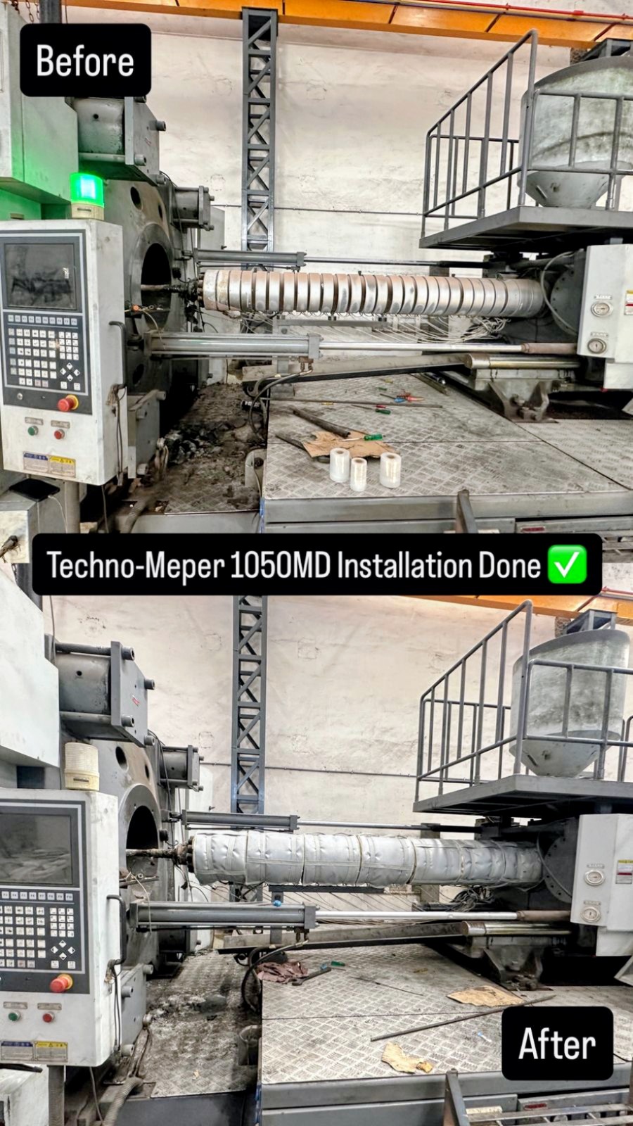 Before and after comparison of i-Wrap insulation jacket installation on Techno-Meper 1050MD plastic processing machine