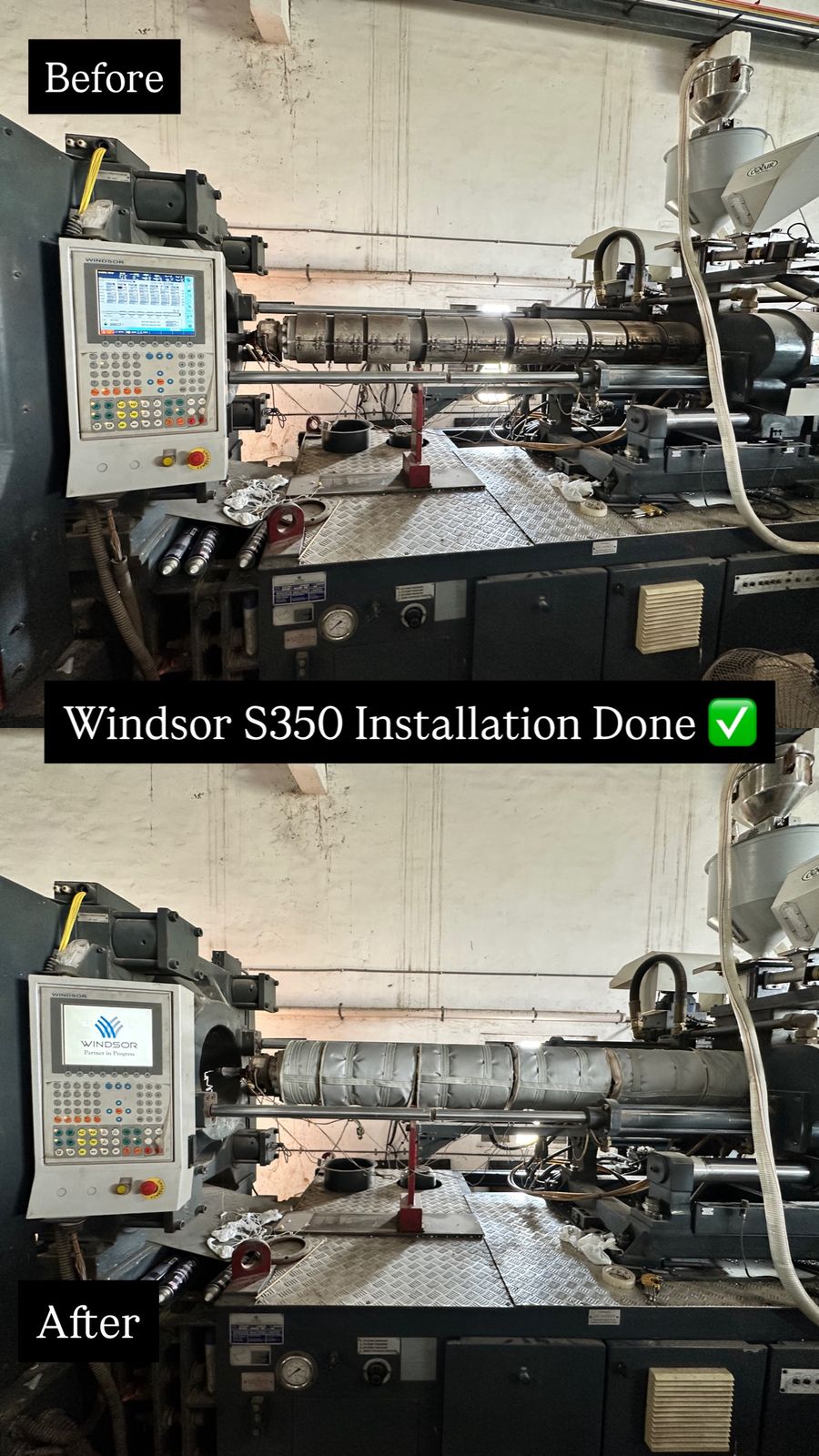 Before and after comparison of i-Wrap insulation jacket installation on Windsor S350 injection molding machine