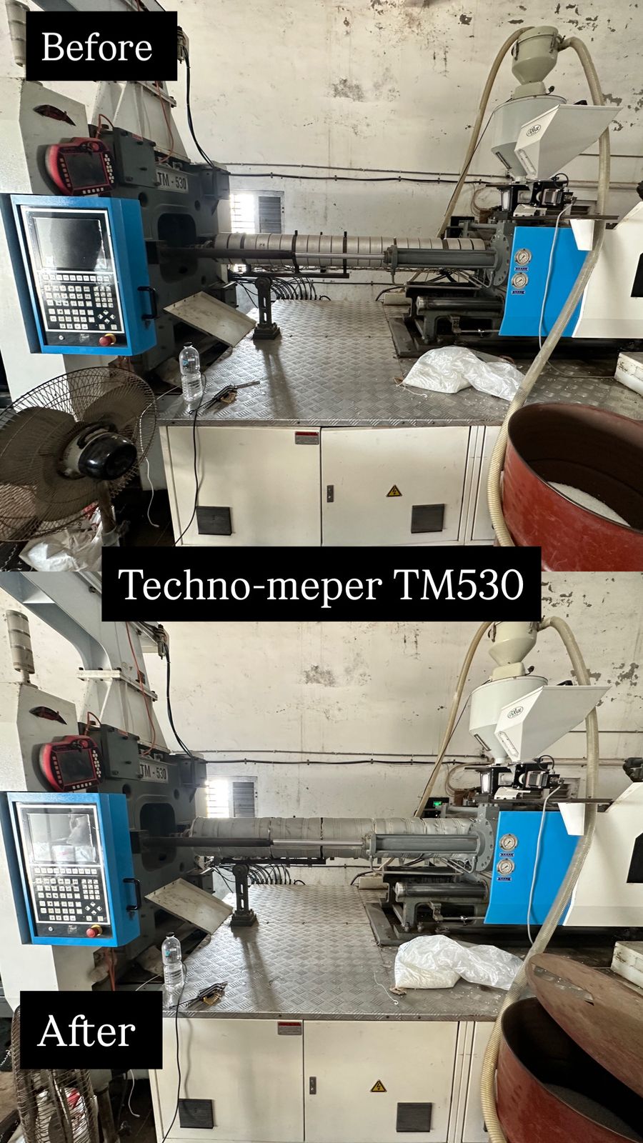 Before and after comparison of i-Wrap insulation jacket installation on Techno-meper TM530 plastic processing machine
