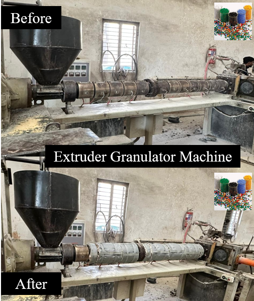 Before and after comparison of i-Wrap insulation jacket installation on extruder granulator machine barrel
