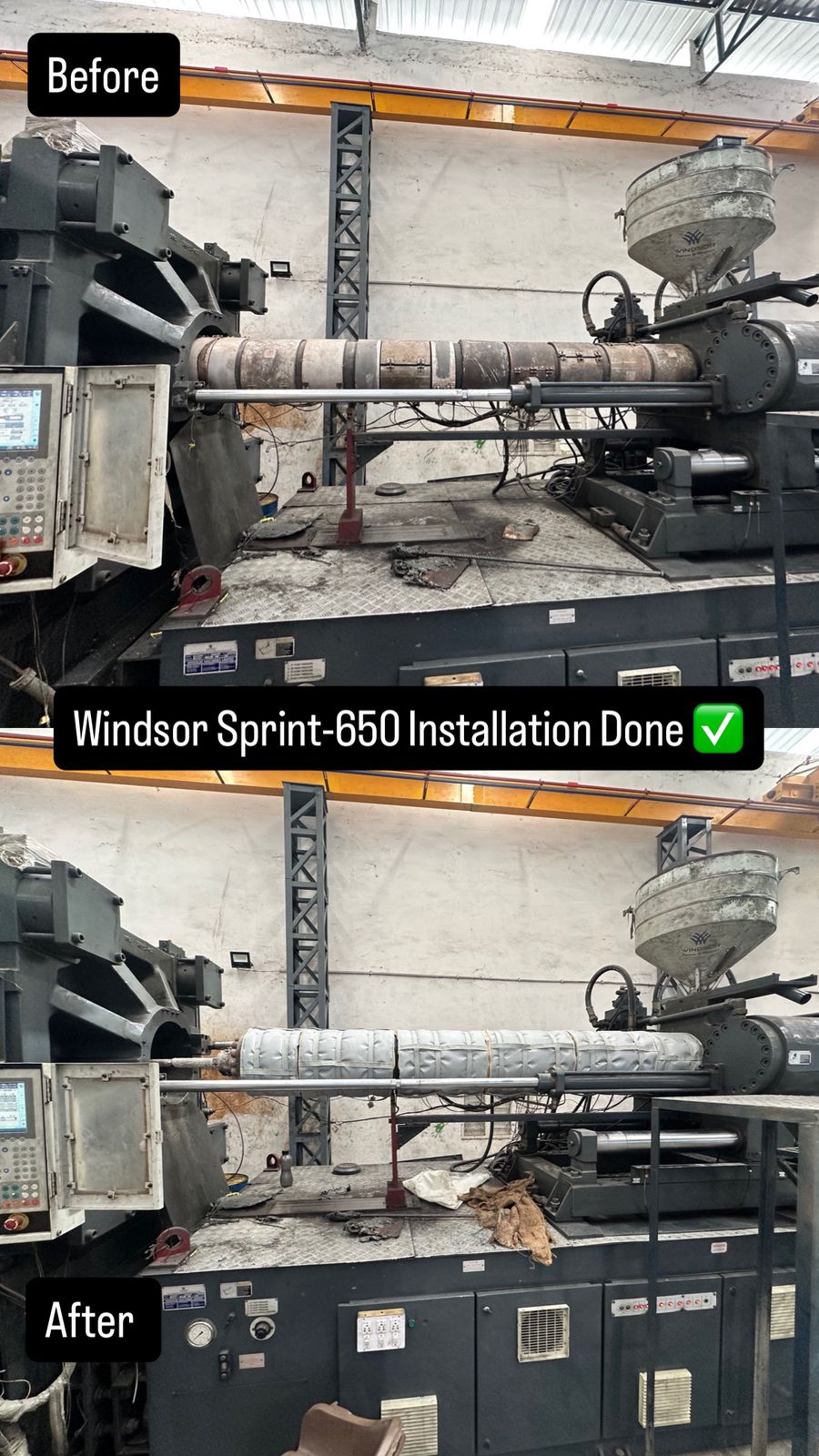 Before and after comparison of i-Wrap insulation jacket installation on Windsor Sprint-650 injection molding machine