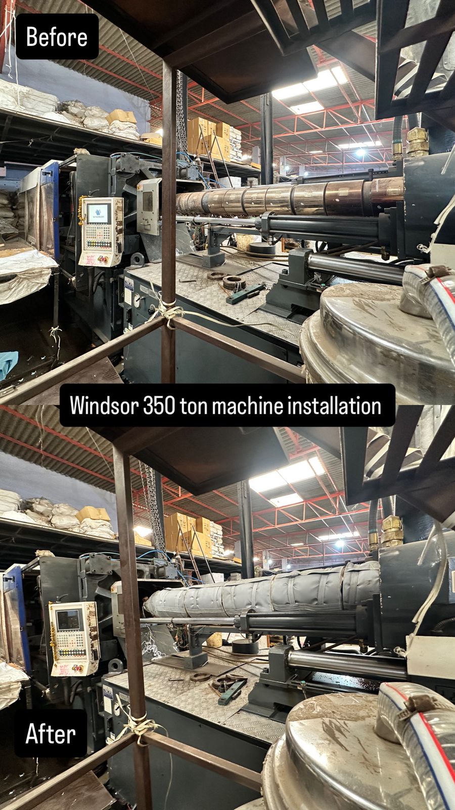 Before and after comparison of i-Wrap insulation jacket installation on Windsor 350-ton injection molding machine