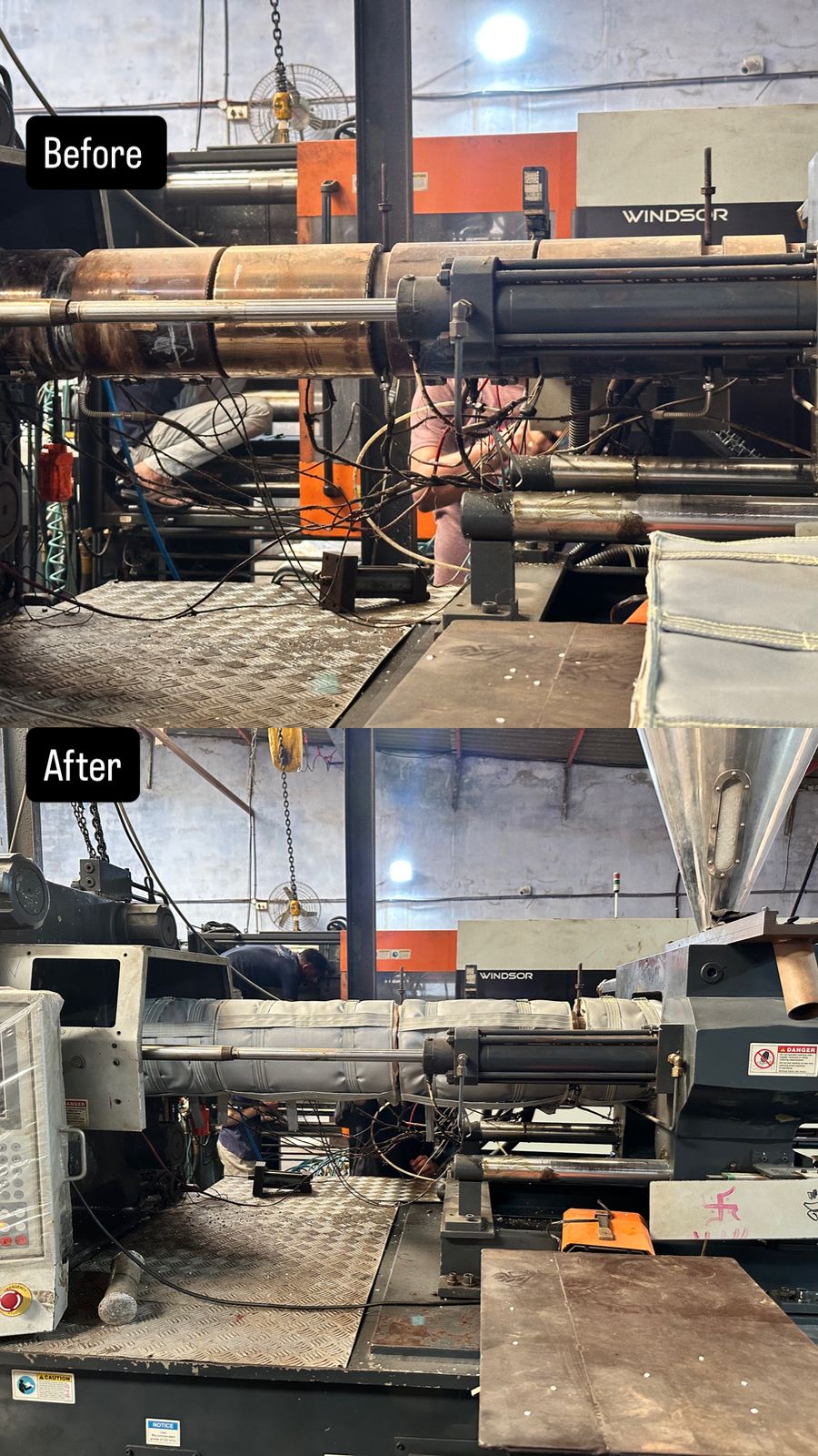 Before and after comparison of i-Wrap insulation jacket installation on Windsor extruder machine barrel