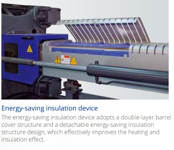 Haitian Mars 5 Series catalog page showing energy-saving insulation device with double-layer barrel cover structure