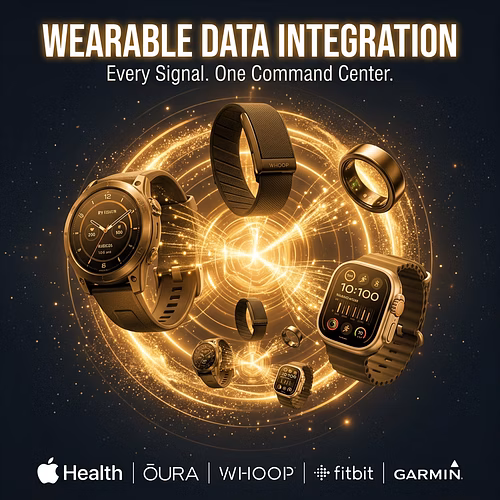 Native integrations with Apple Health, Oura, Whoop, Fitbit, and Garmin — every wearable signal synced into one patient record