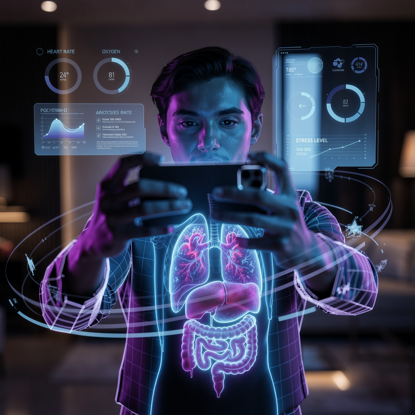 Patent-pending clinical intelligence technology — non-invasive cell-phone scan reading heart rate, oxygen, stress, and full-body biometric signals in real time