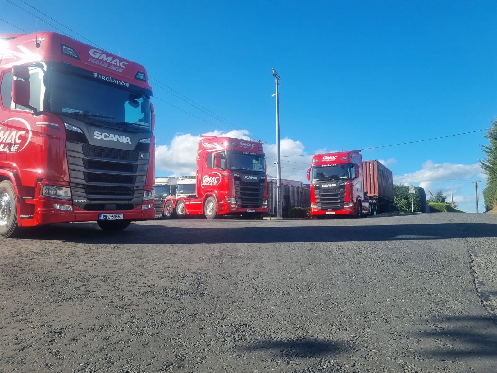 GMAC Haulage red Scania fleet lined up at the Donegal depot