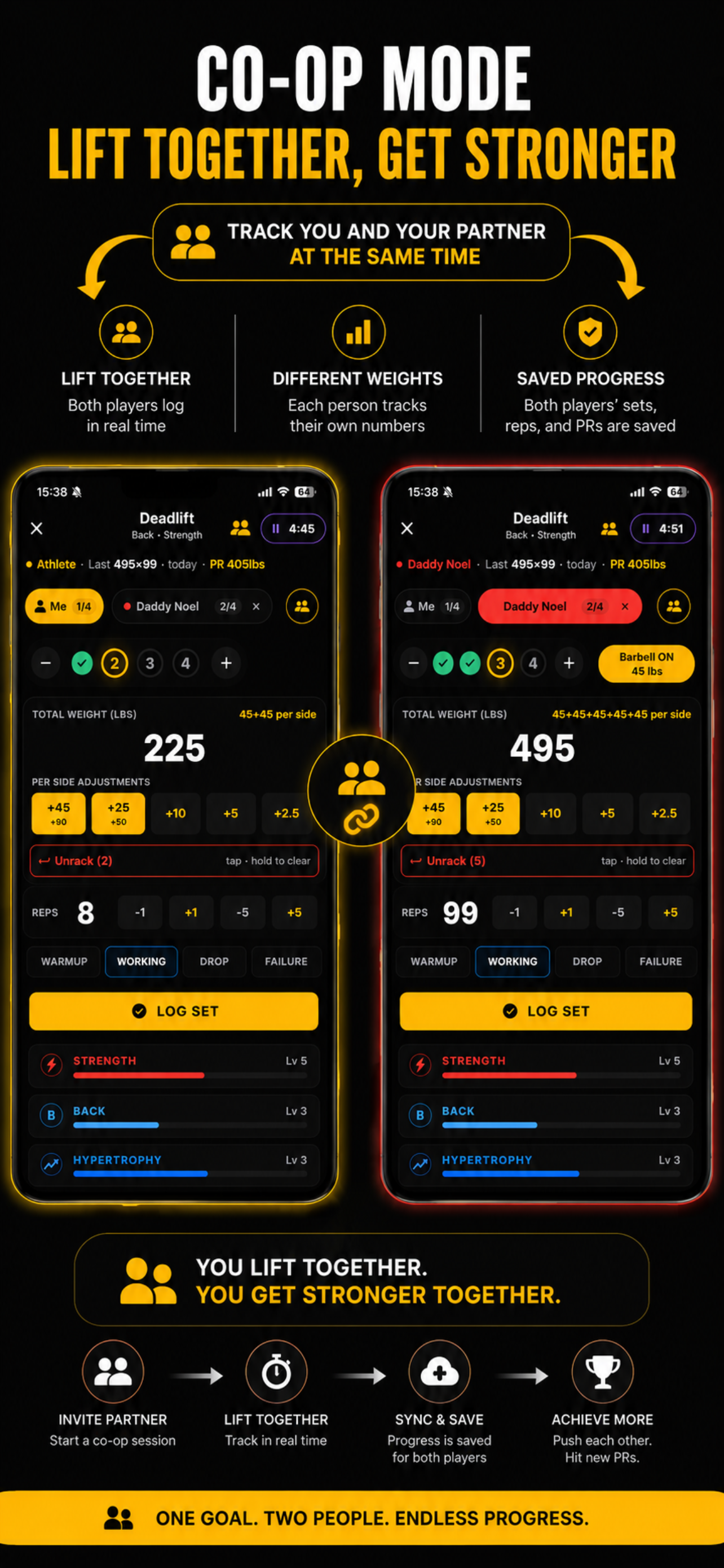 IRL Stats Co-op Mode — two lifters tracking on one device