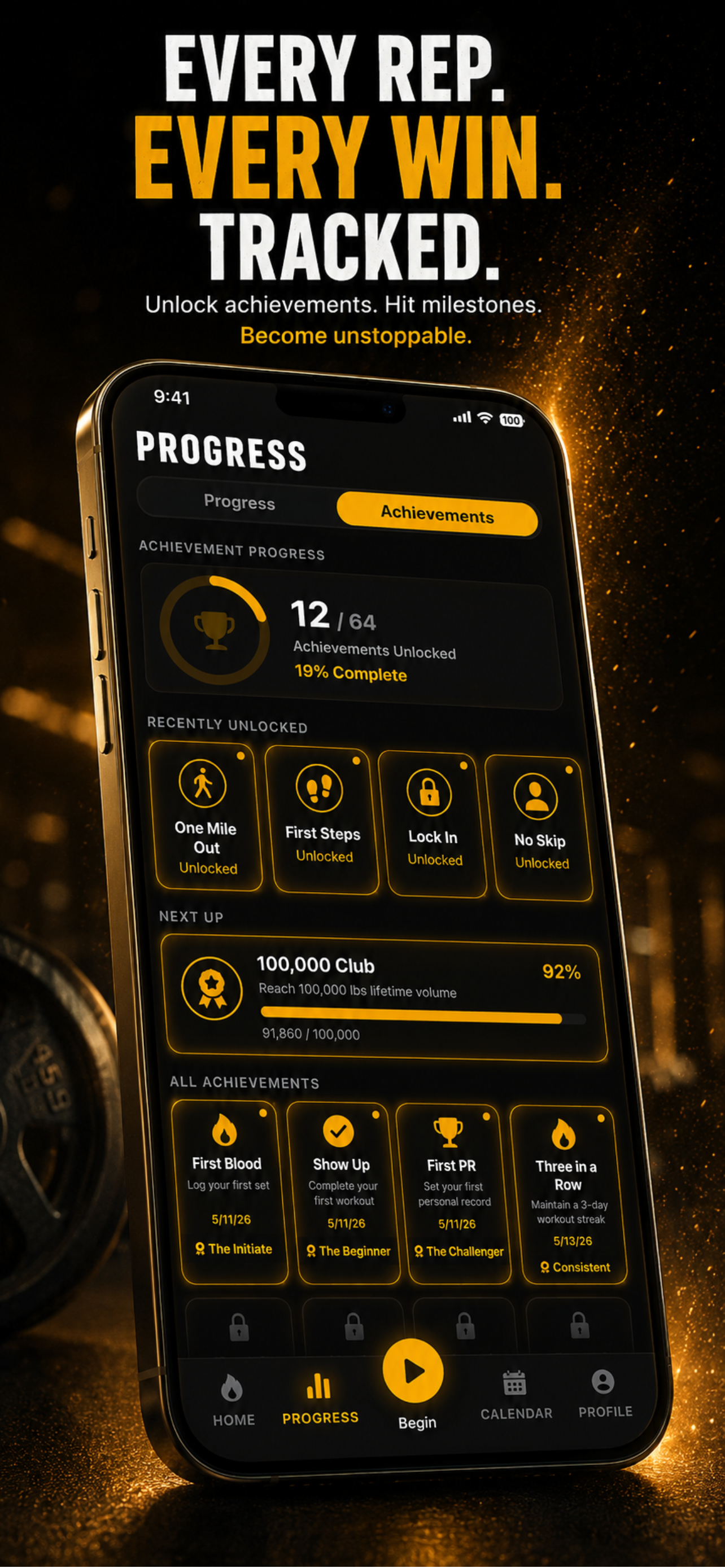 Achievements screen with unlocked badges and progress