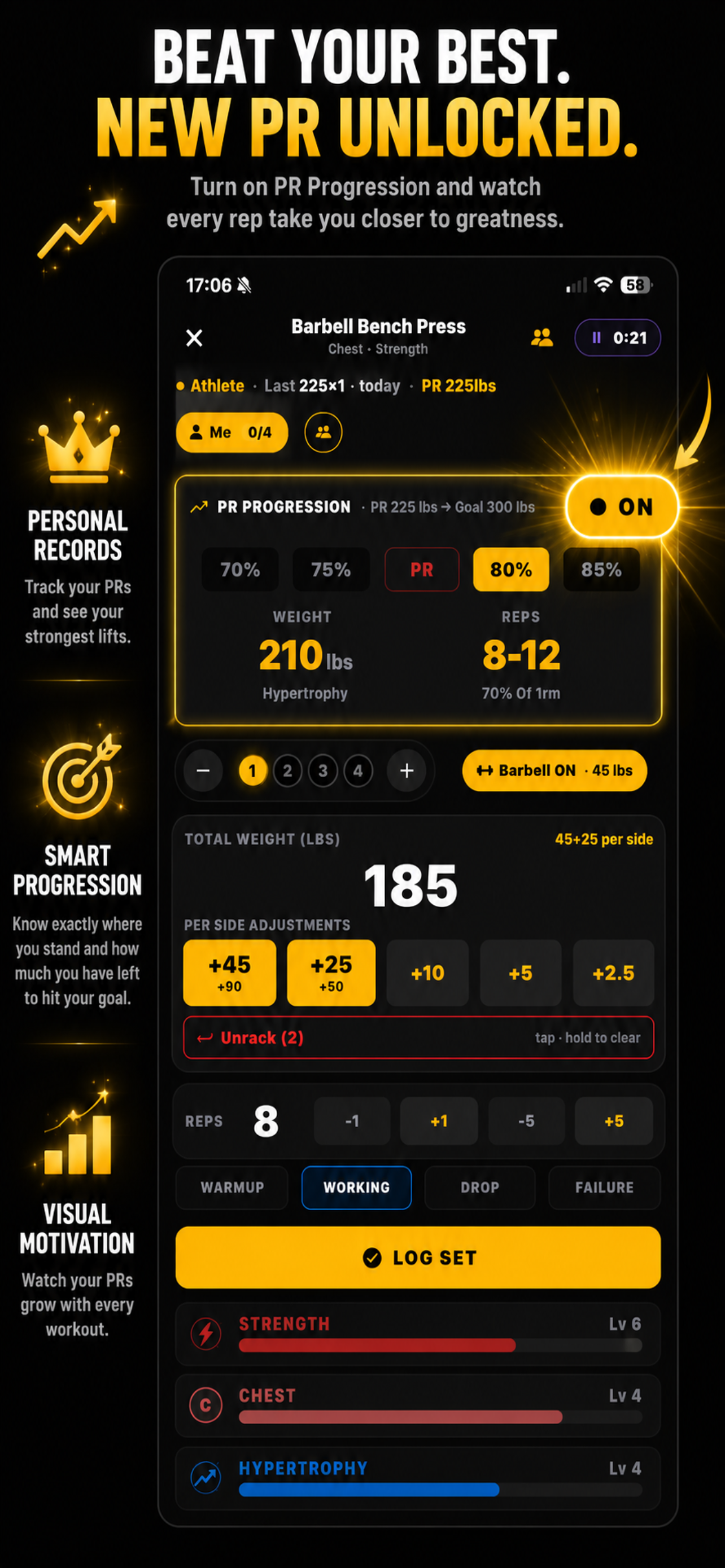 Workout logging screen with PR progression on bench press