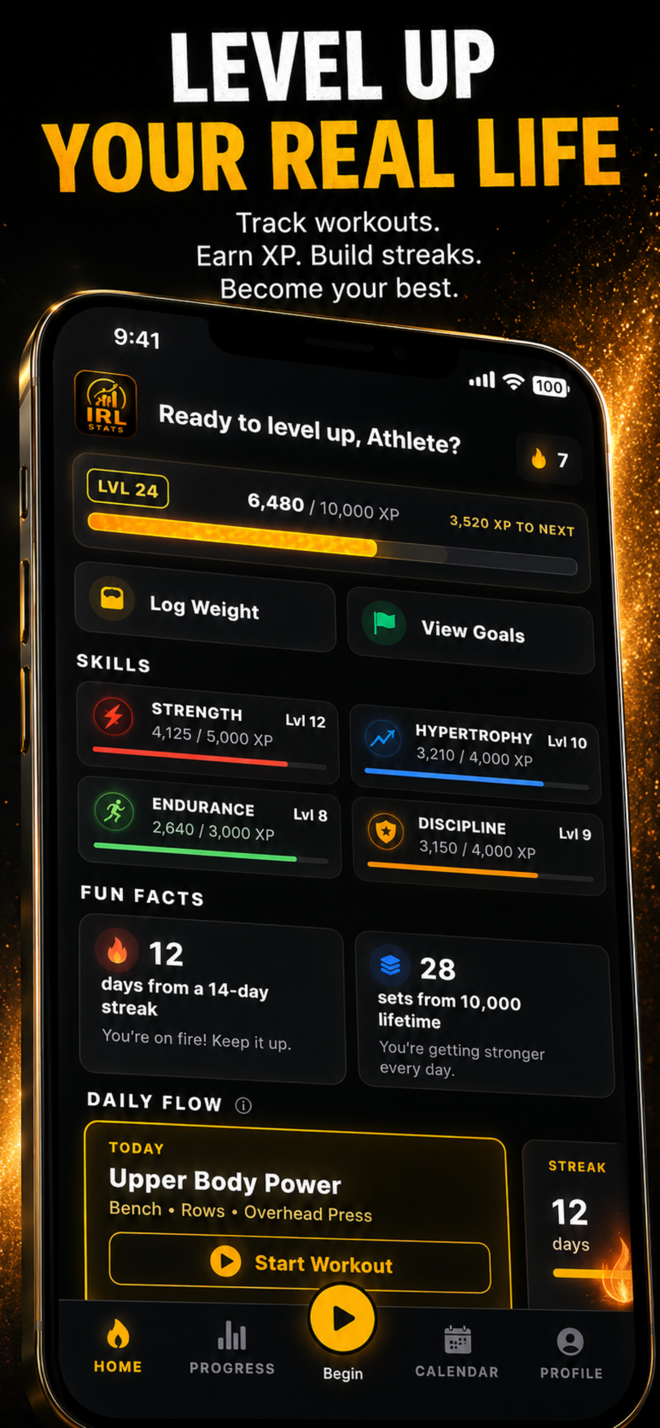 IRL Stats home screen — XP, levels, streaks, and skills