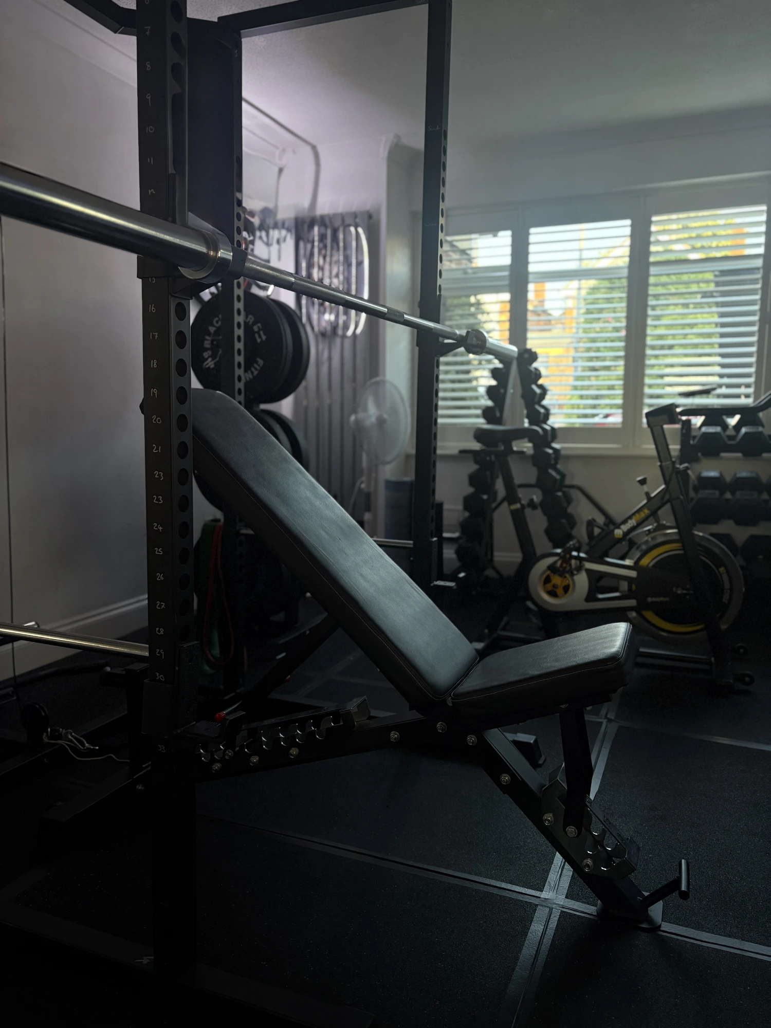 Inside the JE Training private studio — squat rack, bench and free weights